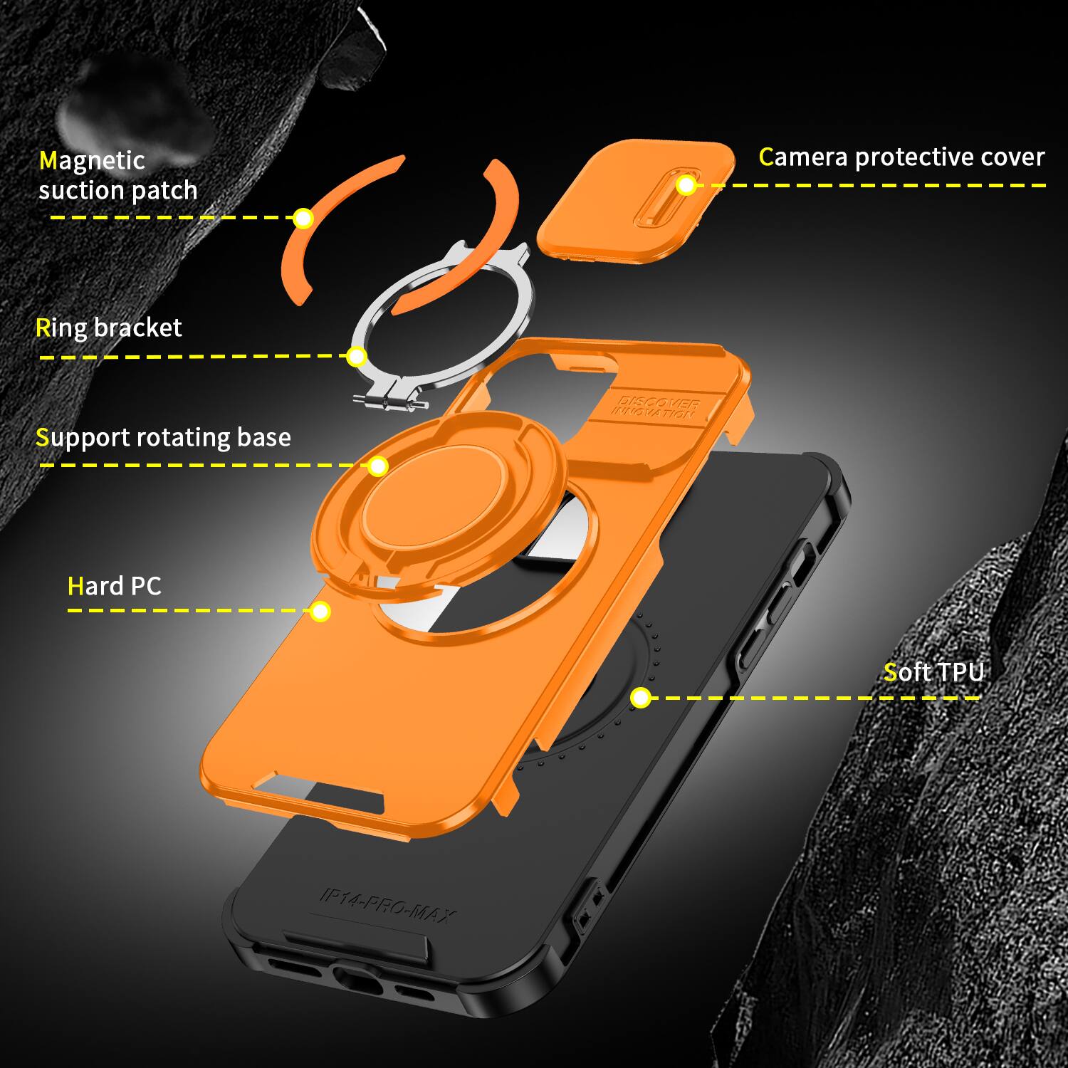Magnetic suction patch  
Camera protective cover  
Ring bracket  
Support rotating base  
DISCOVER UNIGVATION  
Hard PC  
Soft TPU  
IP14-PRO-MAX