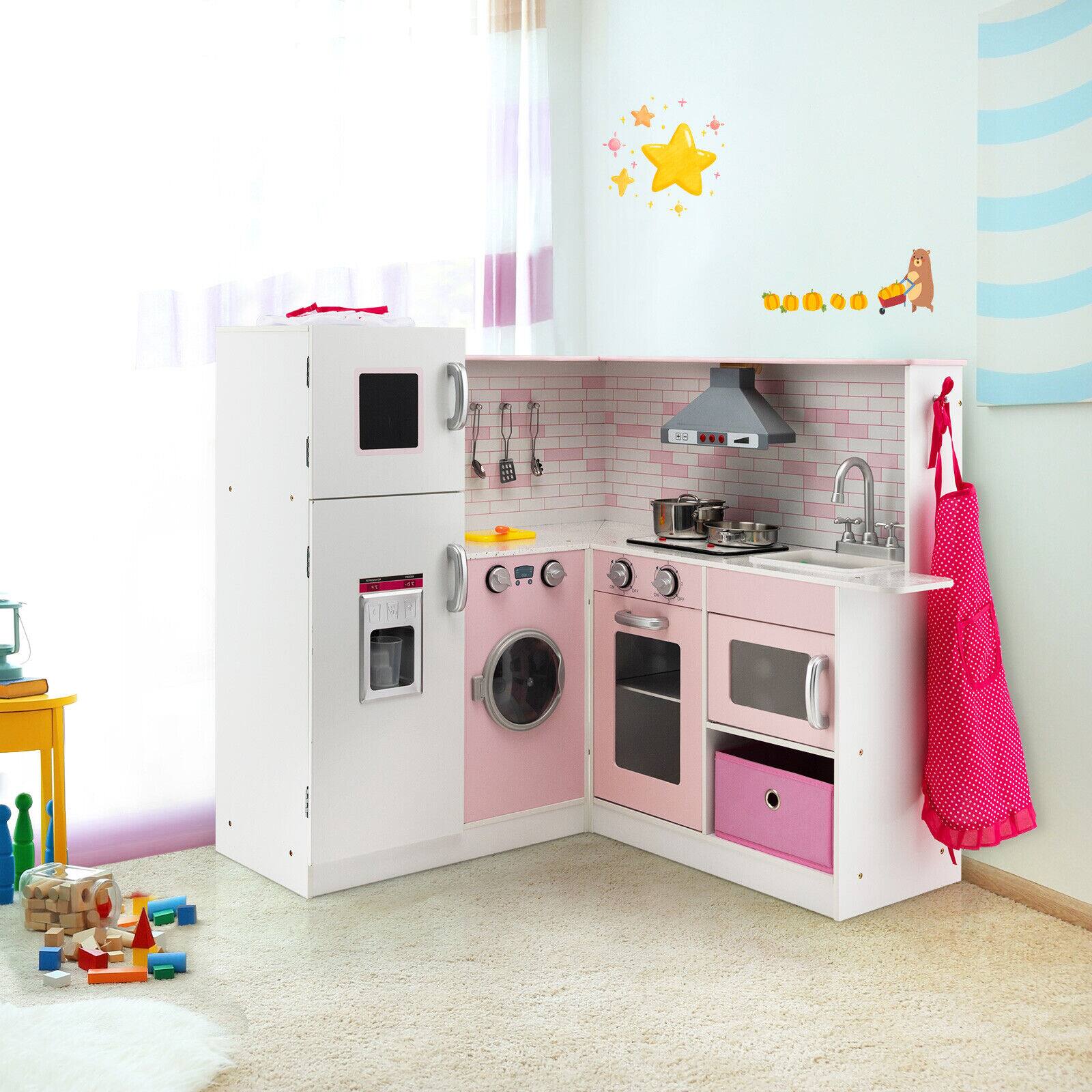 Alt View 3. Costway - Costway Kids Corner Kitchen Play Set w/ Lifelike Sound & Sparkling Light Gift for Age 3+ - White,Pink.