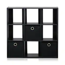 Furinno - Simplistic 9-Cube Organizer with Bins - Espresso/Black