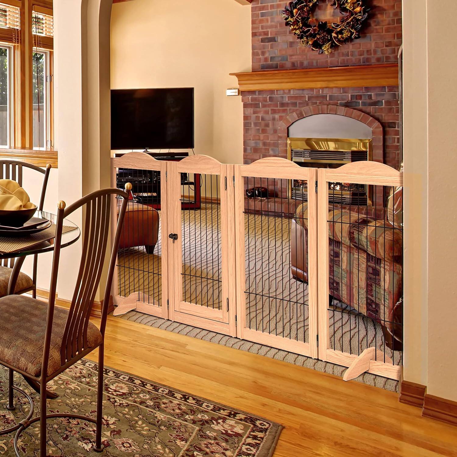 Alt View 4. Arf Pets - Freestanding Dog Gate, 4-Panel Extension, 360° Foldable Dog Gate 80"W x 31.5"H - Walnut.
