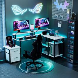CloudRest Pro - 70 Inch Office Desk Reversible L Shaped Computer Desks with File Drawers&Power Outlet, LED Lights - BlackWhite