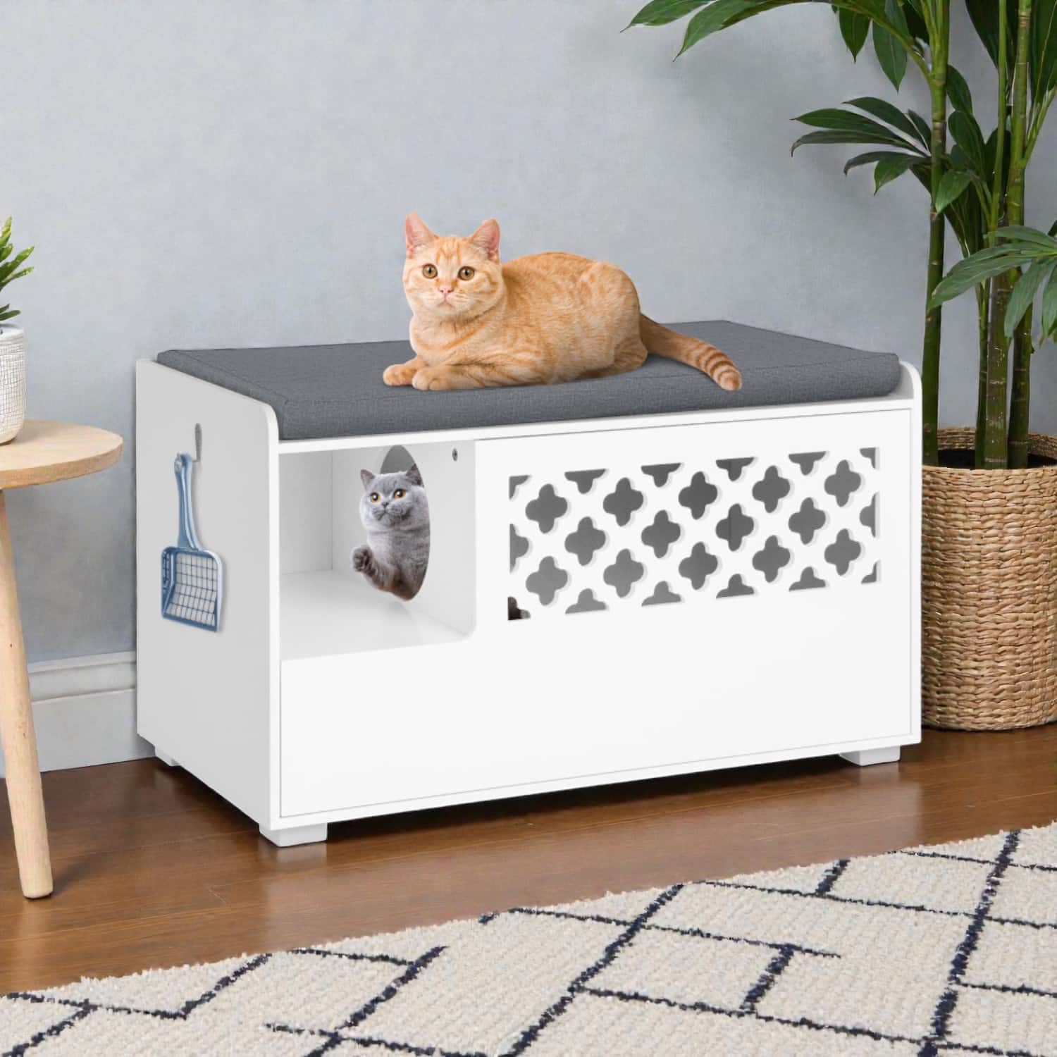 BreeBe - Cat Litter Cabinet with Front Entry Door and Detachable Cushion Top - White