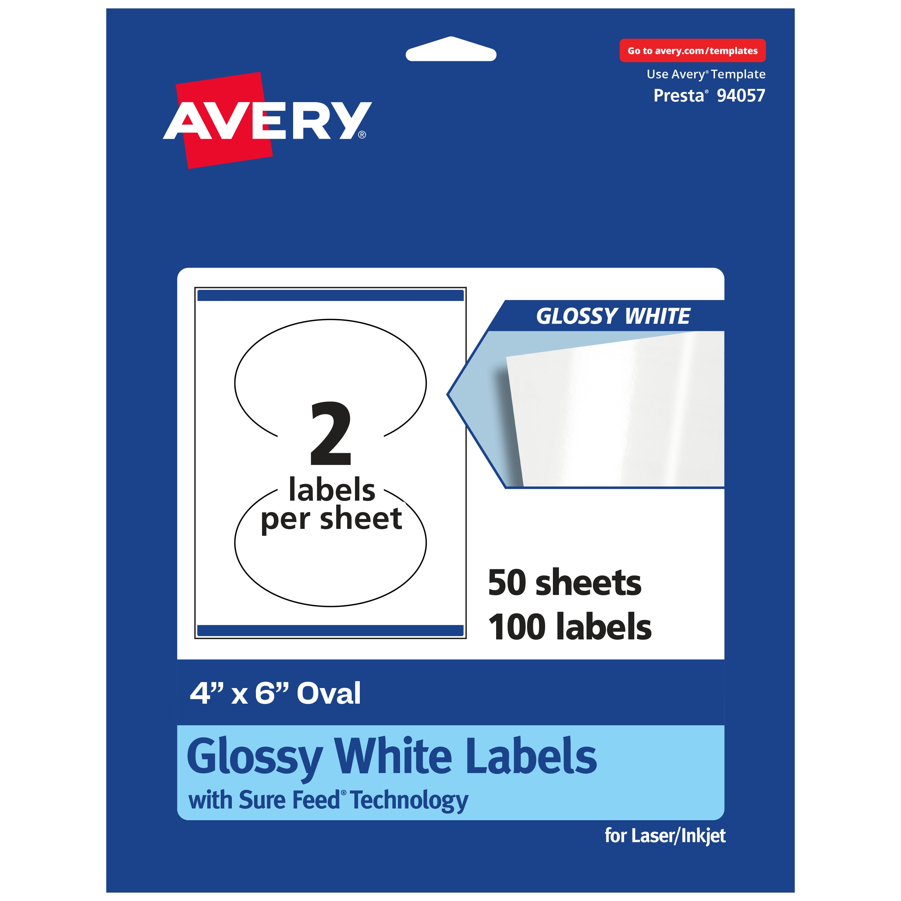 Avery - Glossy Oval Labels, 4" x 6", 100 Total - White