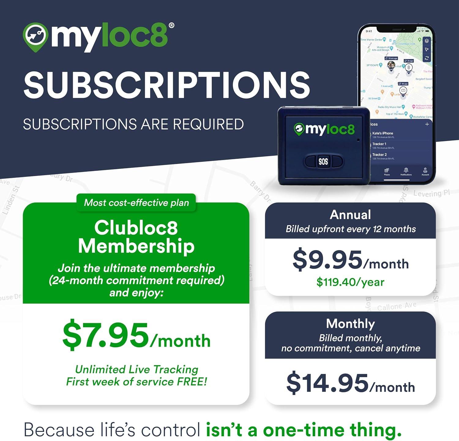 **myloc8 SUBSCRIPTIONS**

SUBSCRIPTIONS ARE REQUIRED

**Most cost-effective plan**

**Clubloc8 Membership**
- Join the ultimate membership (24-month commitment required) and enjoy:
  - $7.95/month
  - Unlimited Live Tracking
  - First week of service FREE!

**Annual**
- Billed upfront every 12 months
  - $9.95/month
  - $119.40/year

**Monthly**
- Billed monthly, no commitment, cancel anytime
  - $14.95/month

Because life's control isn't a one-time thing.