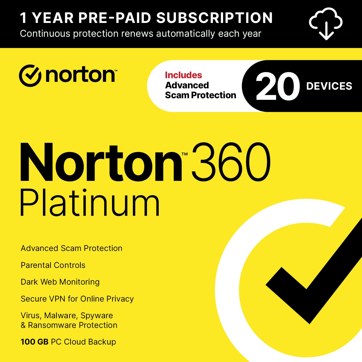 Norton - 360 Platinum (20 Device) Antivirus Internet Security + Scam Protection + VPN + Dark Web Monitoring (1 Year Subscription) - Android, Apple iOS, Mac OS, Windows [Digital]