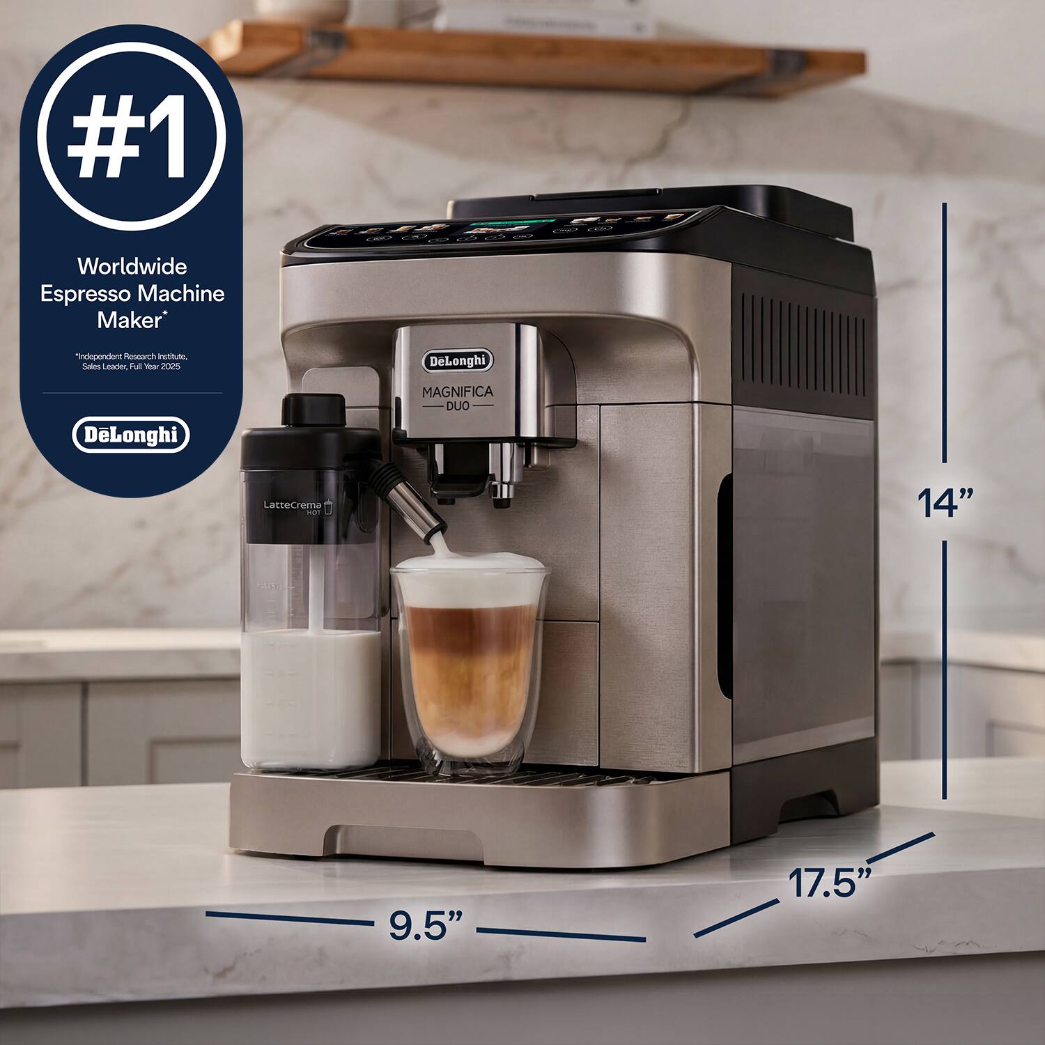 #1 Worldwide Espresso Machine Maker
Independent Research Institute, Sales Leader, Full Year 2020
DeLonghi MAGNIFICA DUO LatteCrema
14" 9.5" 17.5"