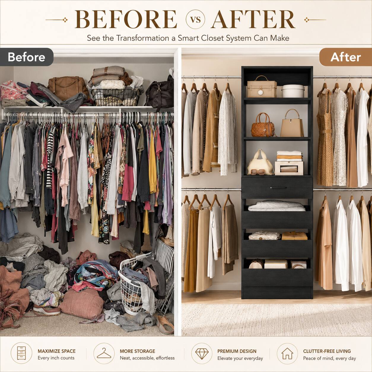 BEFORE VS AFTER  
See the Transformation a Smart Closet System Can Make  

Before  
After  

MAXIMIZE SPACE  
Every inch counts  

MORE STORAGE  
Neat, accessible, effortless  

PREMIUM DESIGN  
Elevate your everyday  

CLUTTER-FREE LIVING  
Peace of mind, every day