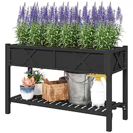 Outsunny - Garden Bed, 47 x 22 x 31.5 in. Elevated Wood Planter Box with Storage Shelf, Drainage Holes - Black