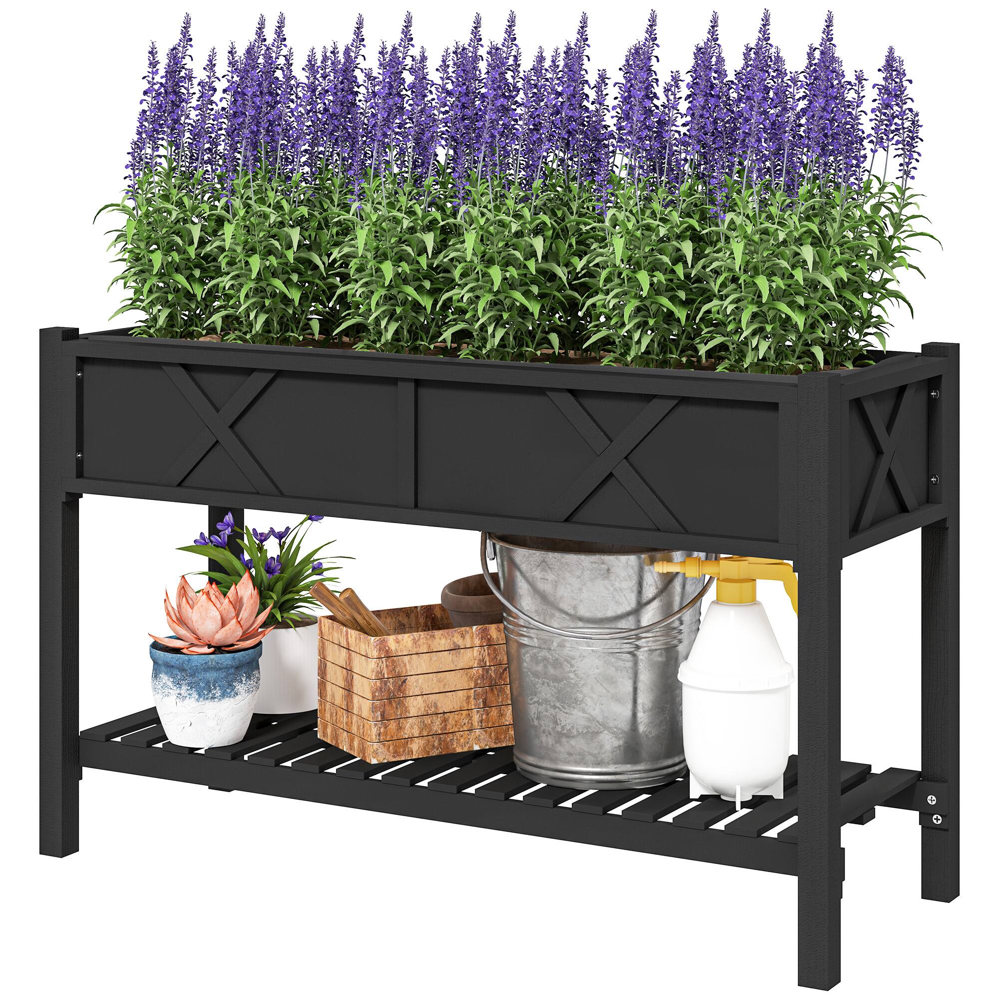 Front. Outsunny - Garden Bed, 47 x 22 x 31.5 in. Elevated Wood Planter Box with Storage Shelf, Drainage Holes - Black.