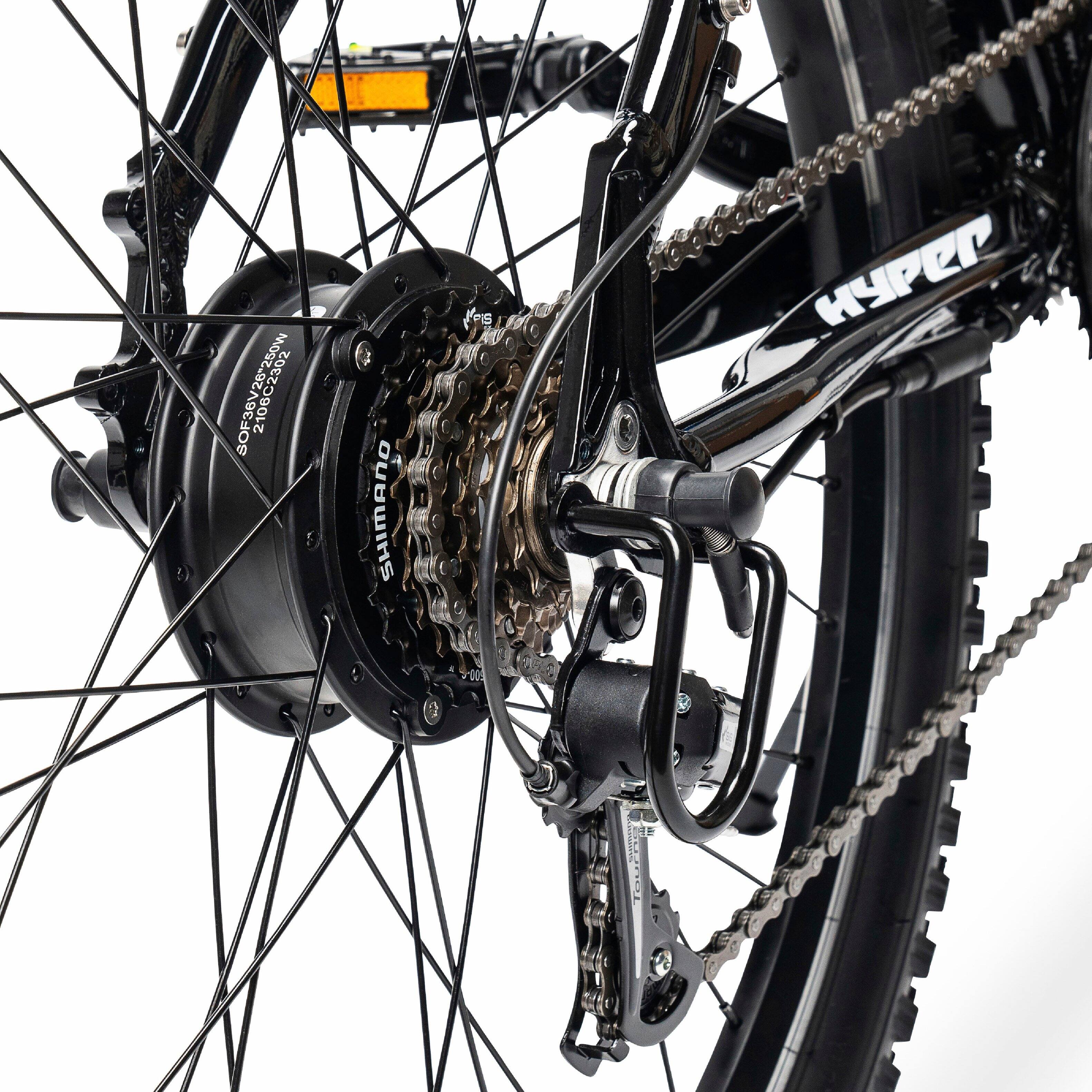 The text on the image reads "SOF38V2612 2106C2302 SHIMANO es HYPER F." This text is likely related to the bike's brand, model, or specifications.