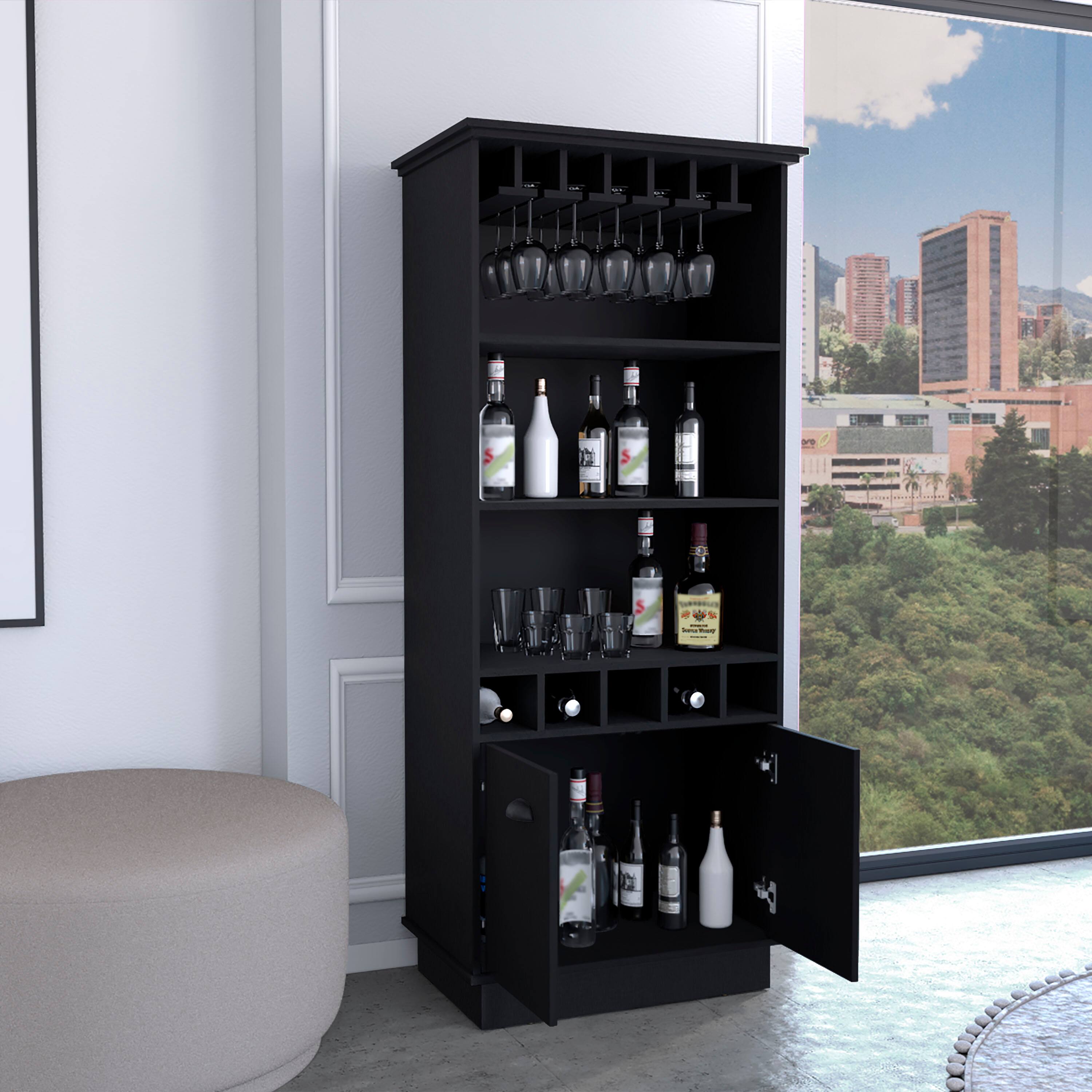 Back. TuHome - Dundee 70-Inch High 10-Glass Bar Cabinet with 5 Cubbies and 3 Open Shelves and Cabinet - Black.