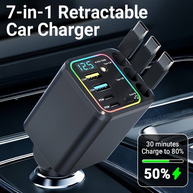 7-in-1 Retractable Car Charger

VOLTAGE pe-125

PD PD

30 minutes Charge to 80%

50%
