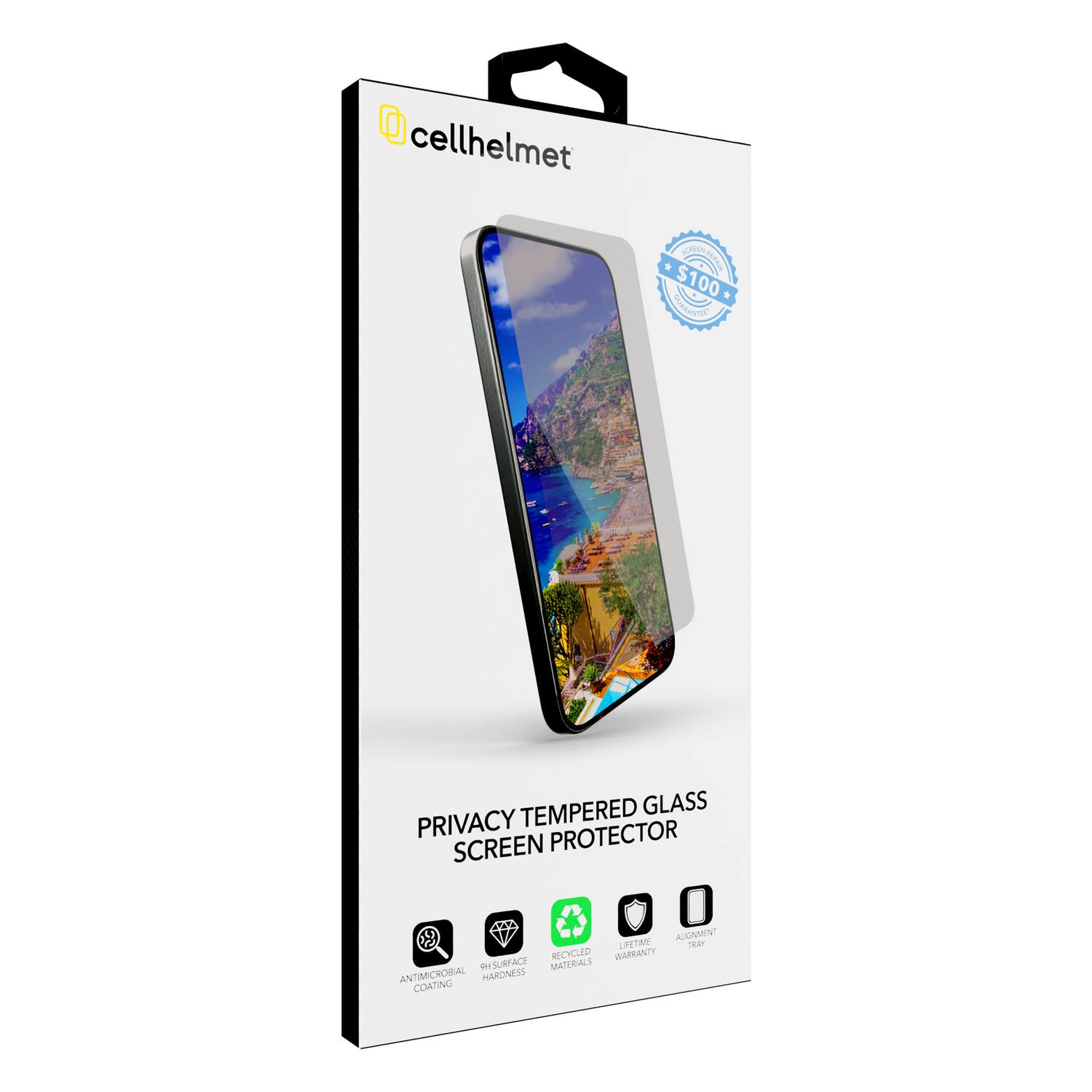cellhelmet  
$100  
PRIVACY TEMPERED GLASS SCREEN PROTECTOR  
- ANTIMICROBIAL COATING  
- 9H SURFACE HARDNESS  
- RECYCLED MATERIALS  
- LIFETIME WARRANTY  
- ALUMINUM TRAY