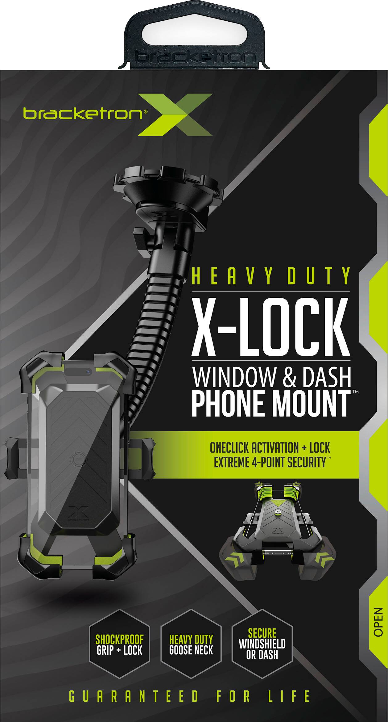 Bracketron X-Heavy Duty X-Lock Window & Dash Phone Mount: One-Click Activation, Extreme 4-Point Security, Shockproof Grip & Lock, Heavy Duty Goose Neck Secure Windshield or Dash Open Guaranteed for Life.
