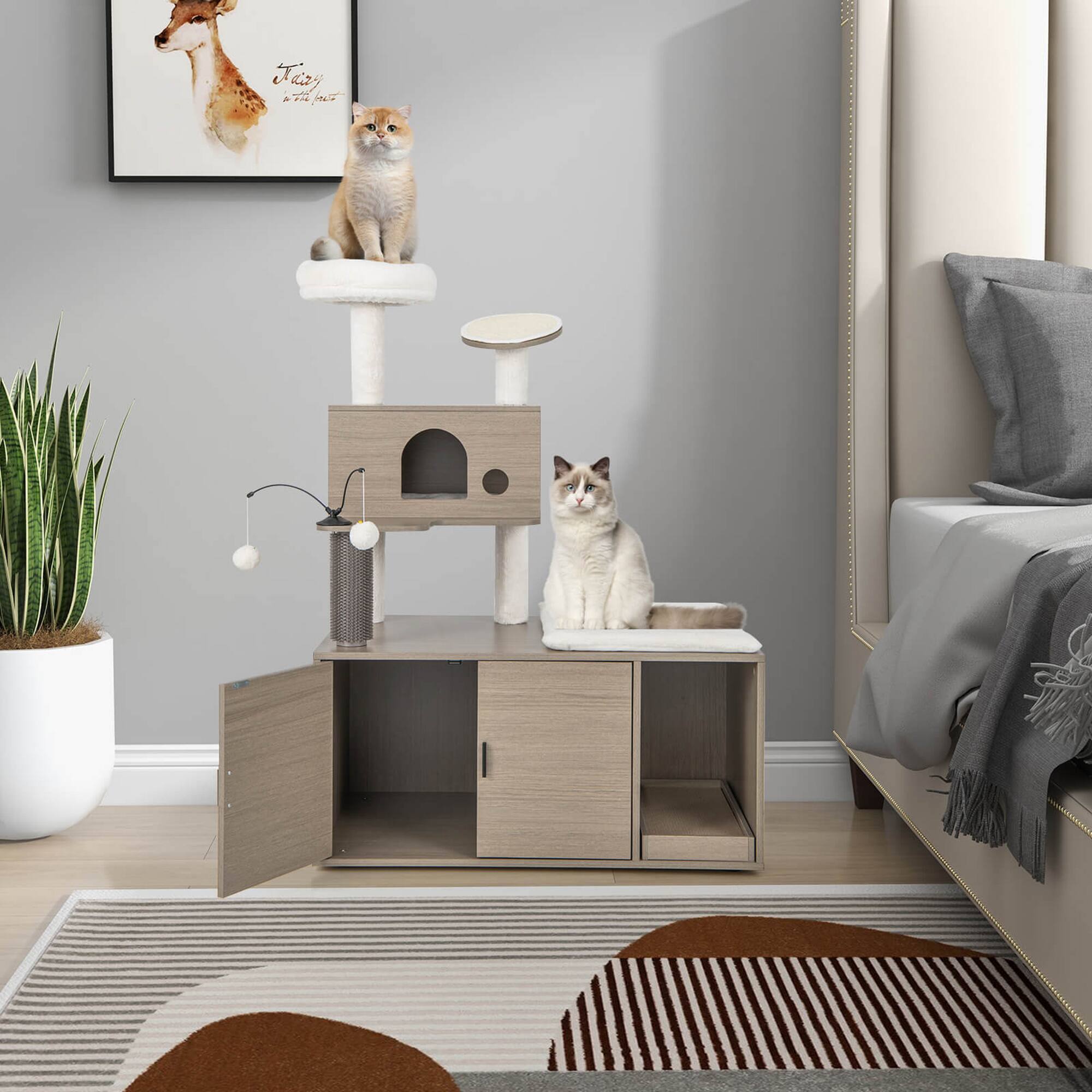 Alt View 3. Gymax - Gymax Cat Tree with Litter Box Enclosure 2-in-1 Modern Cat Tower with Cat Condo.