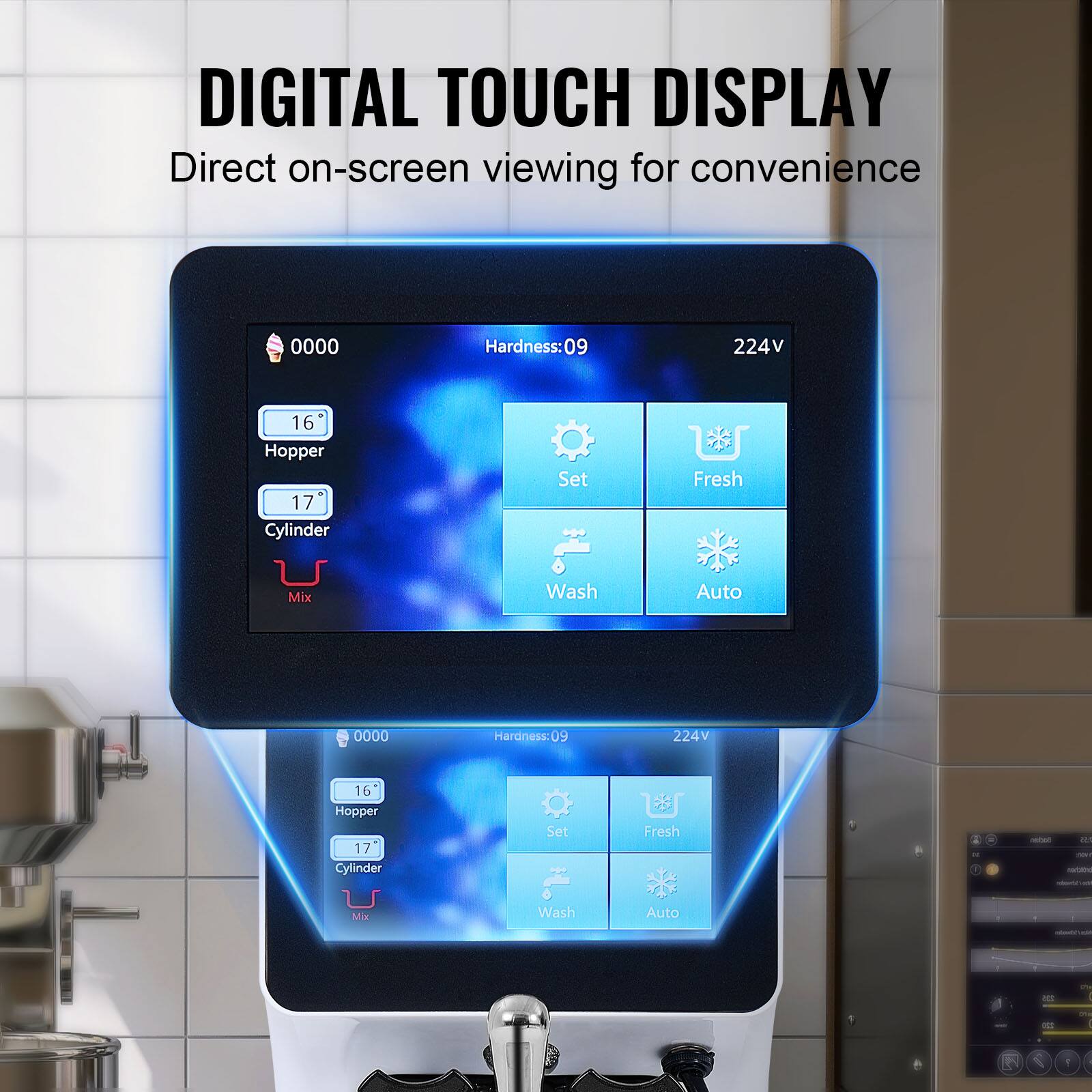DIGITAL TOUCH DISPLAY  
Direct on-screen viewing for convenience

0000  
Hardness: 09  
224V  
16 Hopper  
17 Cylinder  
Set  
Fresh  
Mix  
Wash  
Auto  

0000  
Hardness: 0 09  
224V  
16 Hopper  
17 Cylinder  
Set  
Fresh  
Soctent 15 TOT with Wel / 10 100ml  
Mix  
Wash  
Auto  

COMICAN  
335  
220
