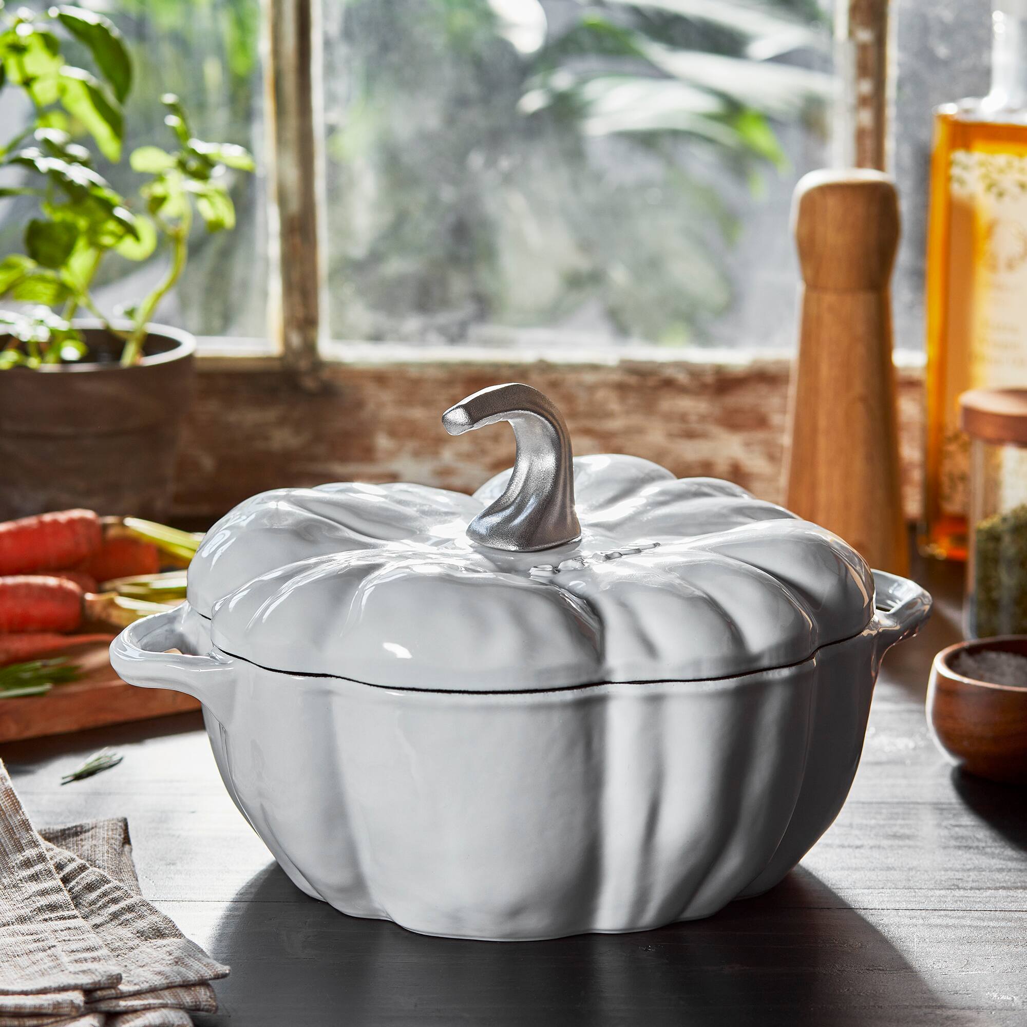 Alt View 5. Staub - STAUB Cast Iron 3.5-qt Pumpkin Cocotte with Stainless Steel Knob - White - White.