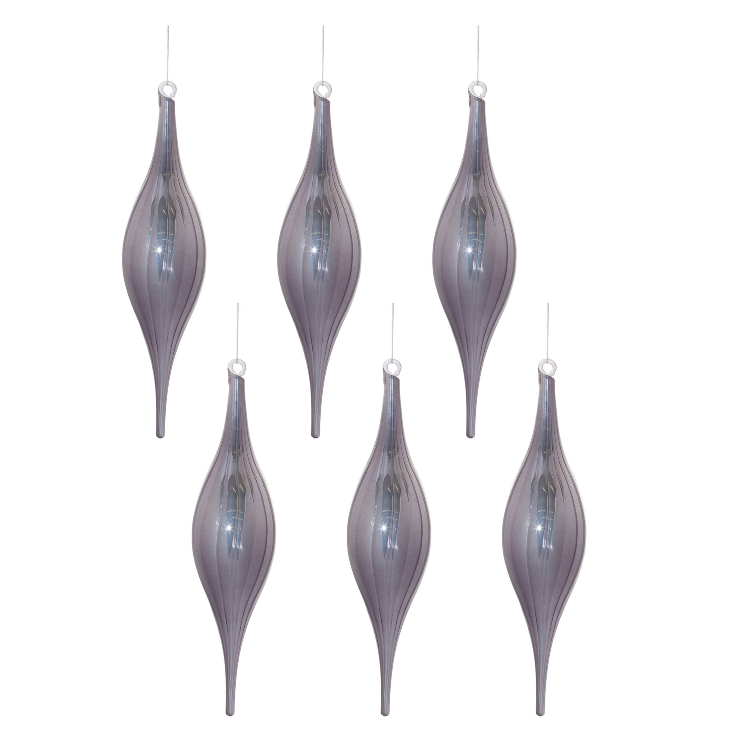 Left. BreeBe - Grey Ribbed Glass Drop Ornament (Set of 6) - Grey.