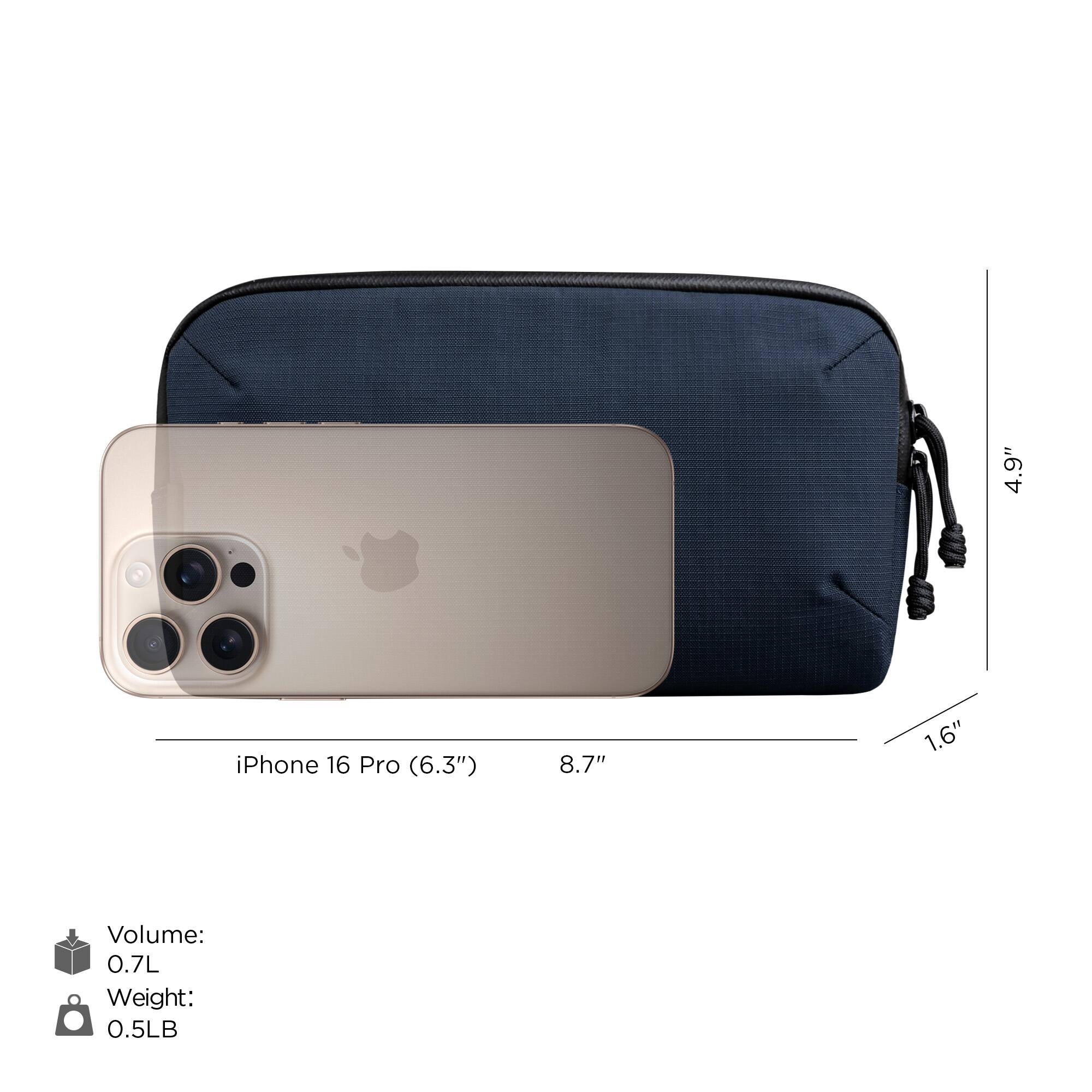 4.9" iPhone 16 Pro (6.3")  
8.7" x 1.6"  
Volume: 0.7L  
Weight: 0.5LB