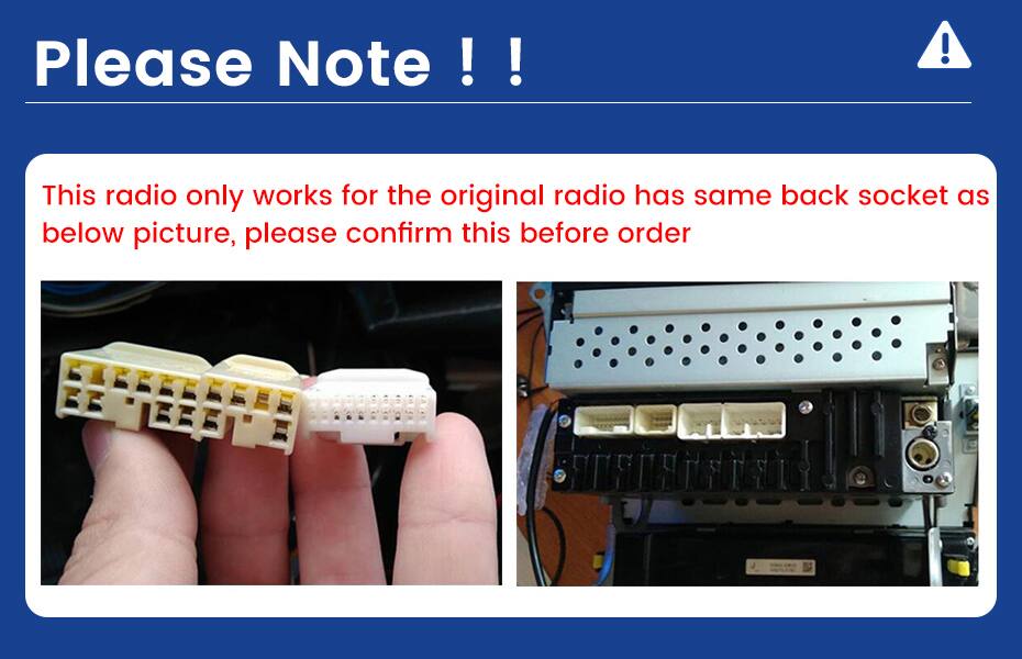 Please Note !!

This radio only works for the original radio has same back socket as below picture, please confirm this before order