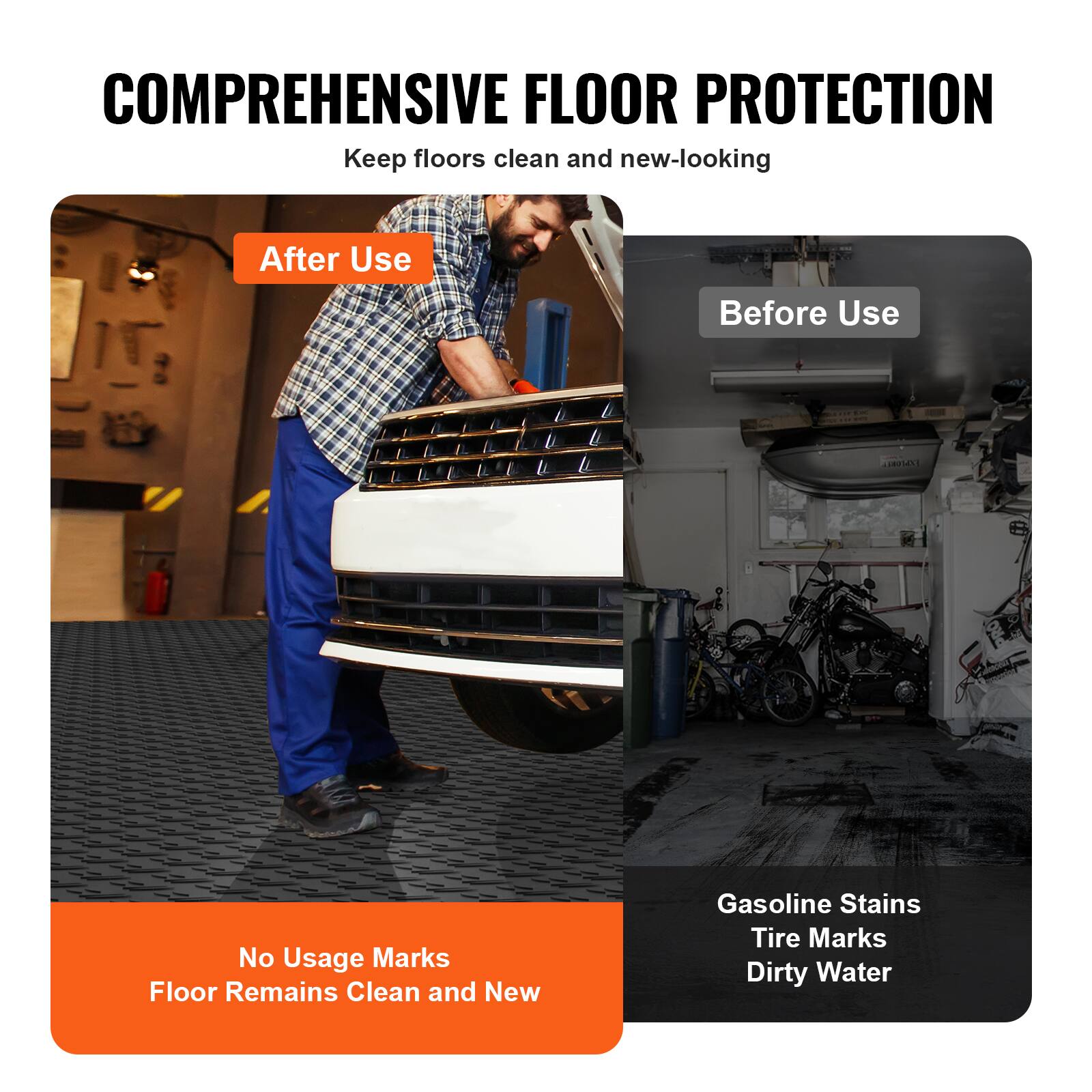 COMPREHENSIVE FLOOR PROTECTION  
Keep floors clean and new-looking

After Use  
No Usage Marks  
Floor Remains Clean and New

Before Use  
Gasoline Stains  
Tire Marks  
Dirty Water