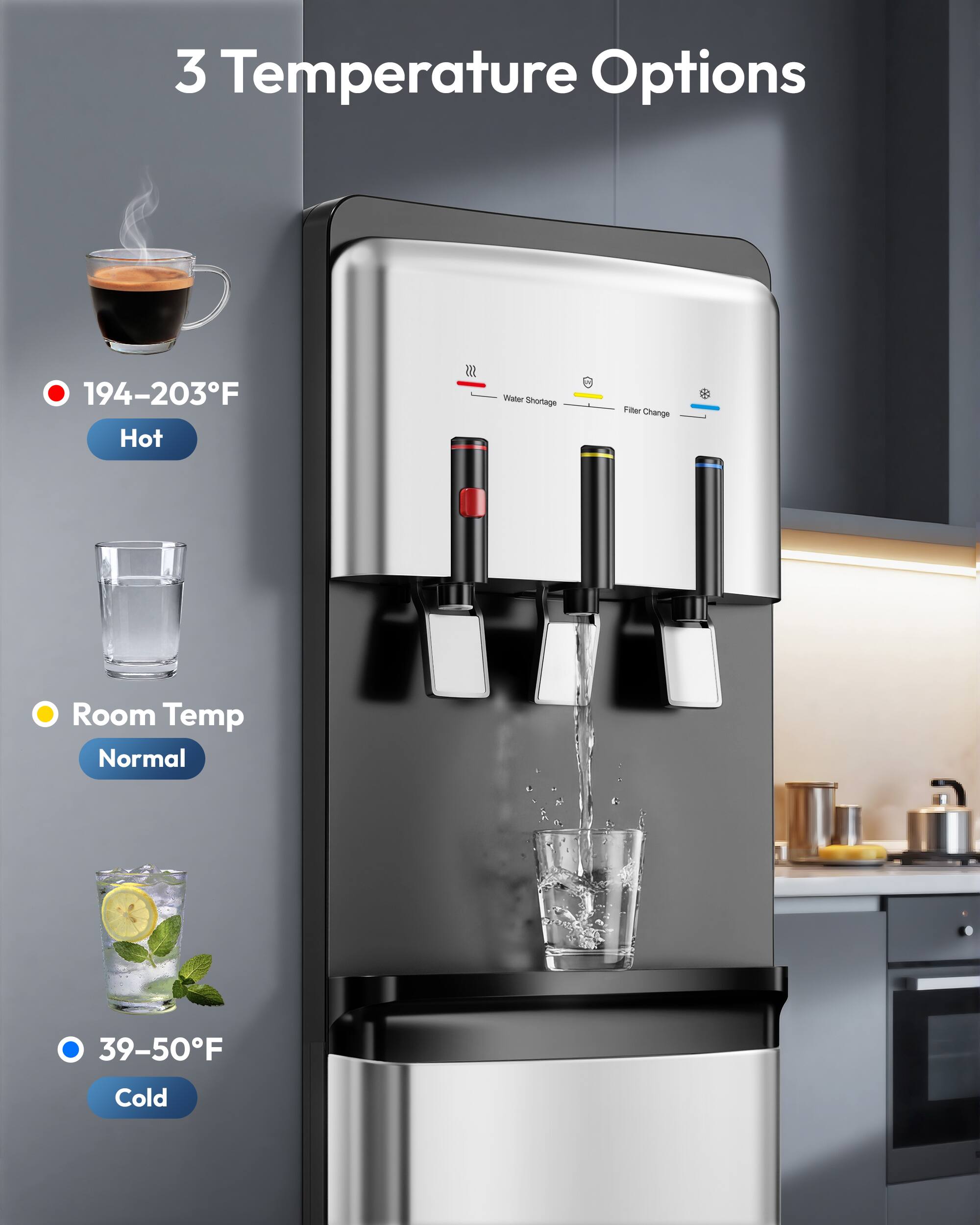 3 Temperature Options

- 194-203°F Hot
- Room Temp Normal
- 39-50°F Cold