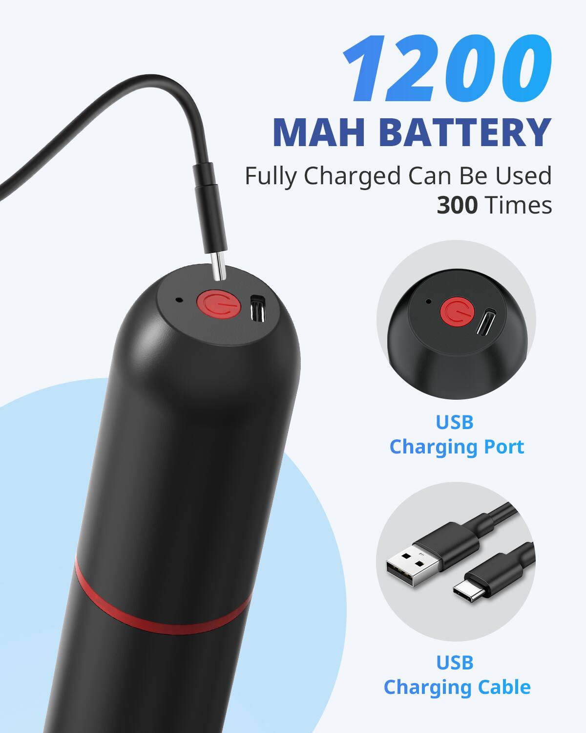 1200 MAH BATTERY  
Fully Charged Can Be Used 300 Times  

USB Charging Port  

USB Charging Cable