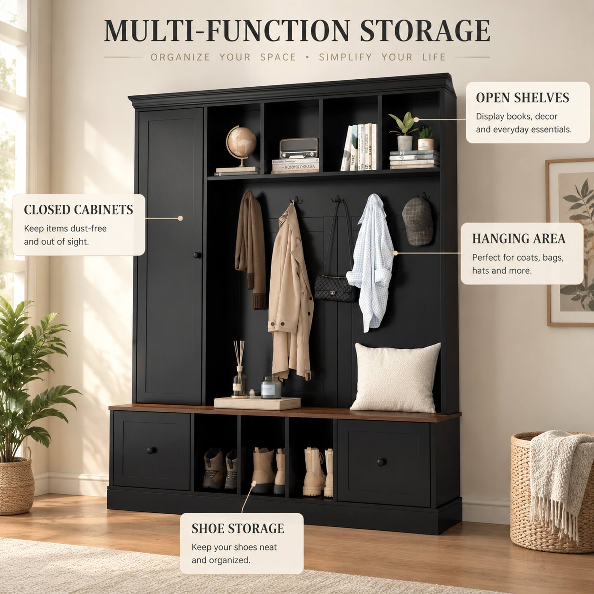 MULTI-FUNCTION STORAGE  
ORGANIZE YOUR SPACE • SIMPLIFY YOUR LIFE

OPEN SHELVES  
Display books, decor and everyday essentials.

CLOSED CABINETS  
Keep items dust-free and out of sight.

HANGING AREA  
Perfect for coats, bags, hats and more.

SHOE STORAGE  
Keep your shoes neat and organized.