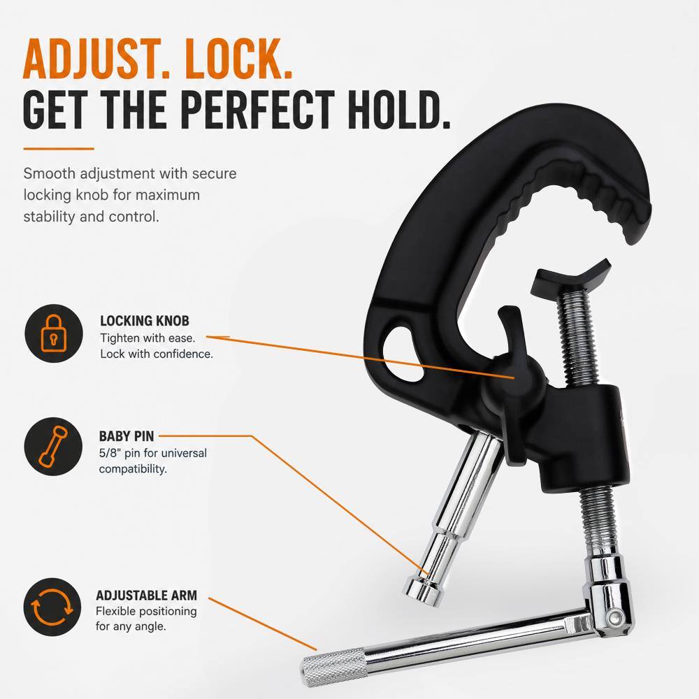 ADJUST. LOCK. GET THE PERFECT HOLD.

Smooth adjustment with secure locking knob for maximum stability and control.

LOCKING KNOB
Tighten with ease. Lock with confidence.

BABY PIN
5/8" pin for universal compatibility.

ADJUSTABLE ARM
Flexible positioning for any angle.