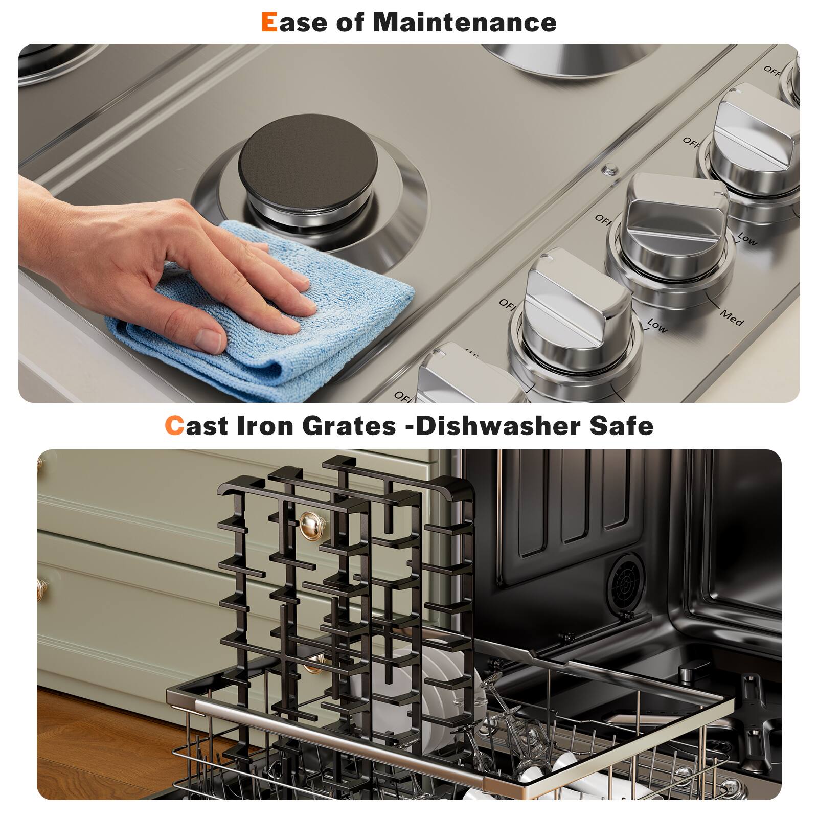 Ease of Maintenance OFF OFF OFF LOW Med OF Cast Iron Grates -Dishwasher Safe
