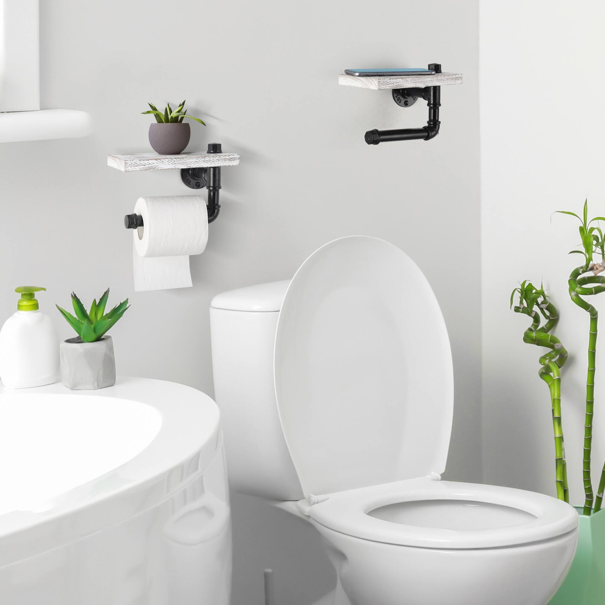 Angle. Oumilen - Industrial Pipe Toilet Paper Holder with Shelf.
