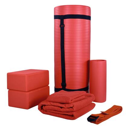 Front. BalanceFrom Fitness - BalanceFrom Fitness 7 Piece Yoga Set with Mat, Stretch Strap, & Knee Pad, Red - Red.