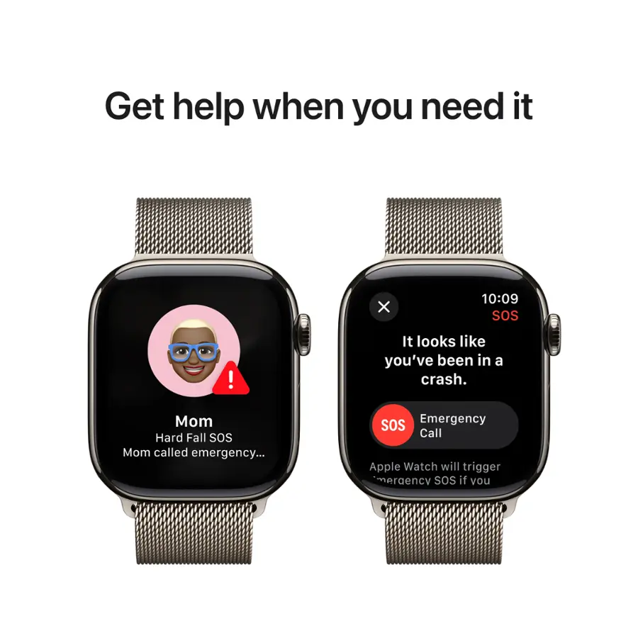 Get help when you need it. It looks like you've been in a crash. Mom called emergency. SoS Emergency Call. Apple Watch will trigger emergency SOS if you've been in a severe crash.