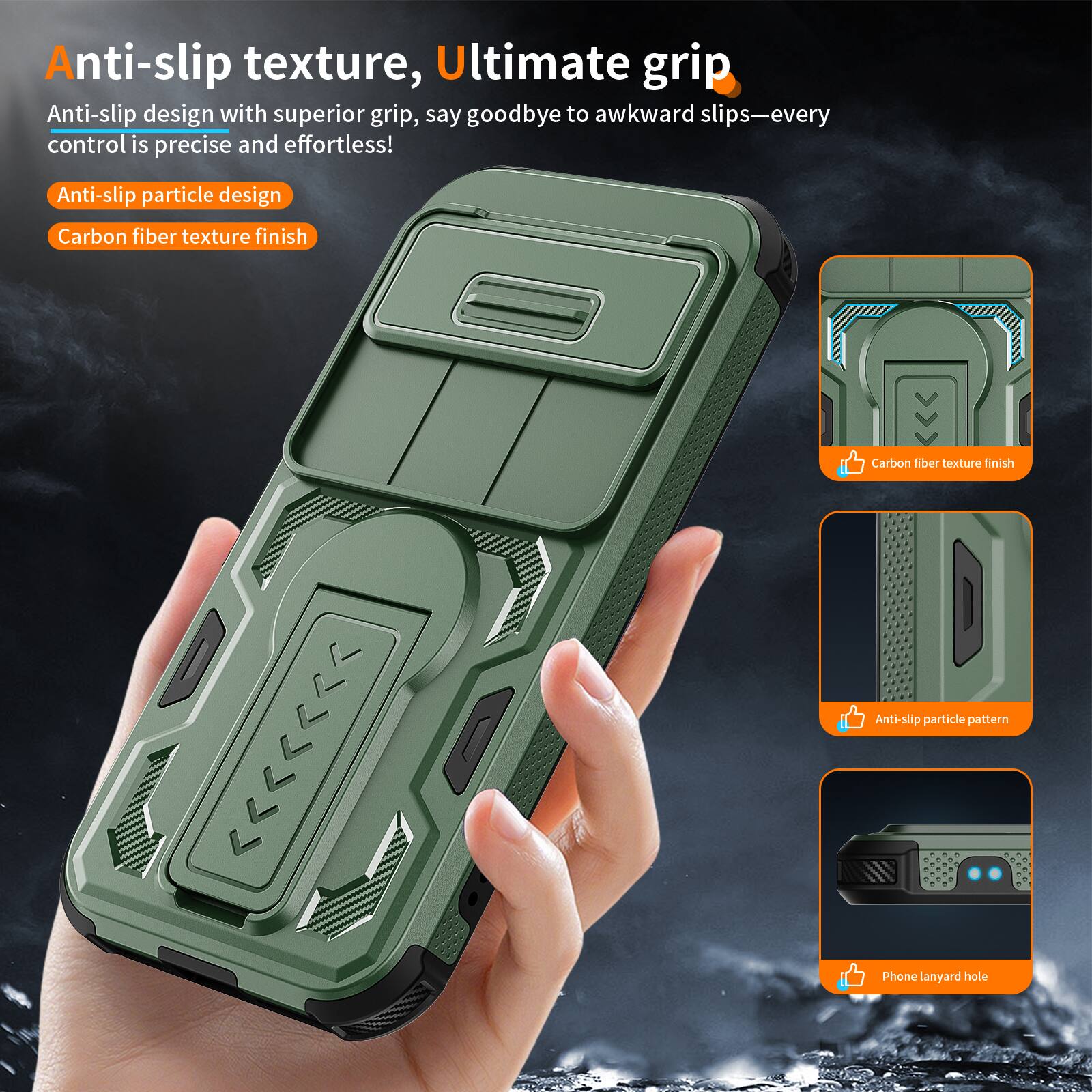 Anti-slip texture, Ultimate grip

Anti-slip design with superior grip, say goodbye to awkward slips—every control is precise and effortless!

Anti-slip particle design
Carbon fiber texture finish

Carbon fiber texture finish
Anti-slip particle pattern
Phone lanyard hole