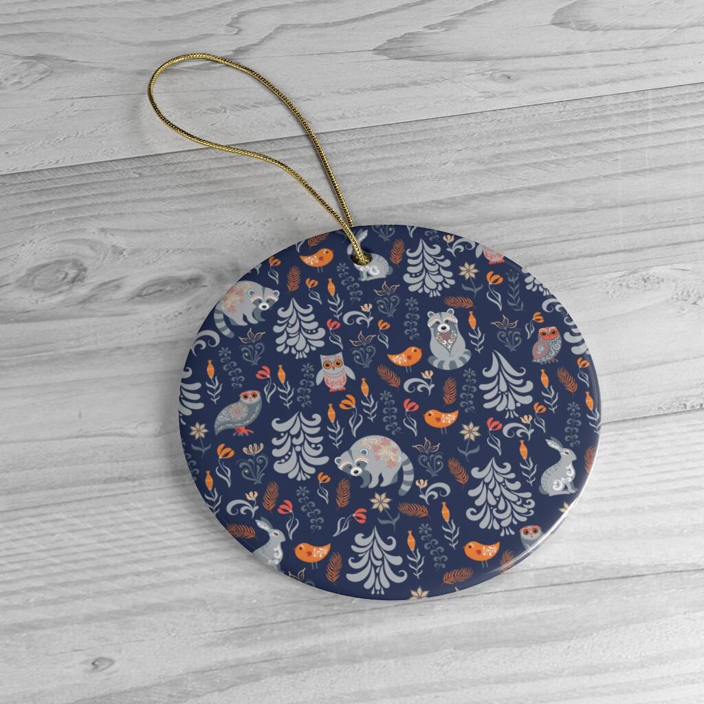 Back. OrnamentallyYou - Autumn Forest Scandinavian Forest Ornament Circle Version - Multi-colored.