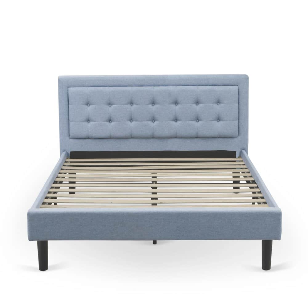 East West Furniture - FNF-11-Q Platform Queen Size Bed - Linen Fabric Upholestered Bed Headboard with Button - Denim Blue