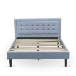 East West Furniture - FNF-11-Q Platform Queen Size Bed - Linen Fabric Upholestered Bed Headboard with Button - Denim Blue