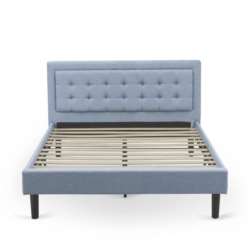 Front. East West Furniture - East West Furniture FNF-11-Q Platform Queen Size Bed - Denim Blue Linen Fabric Upholestered Bed Headboard with Button - Denim Blue.