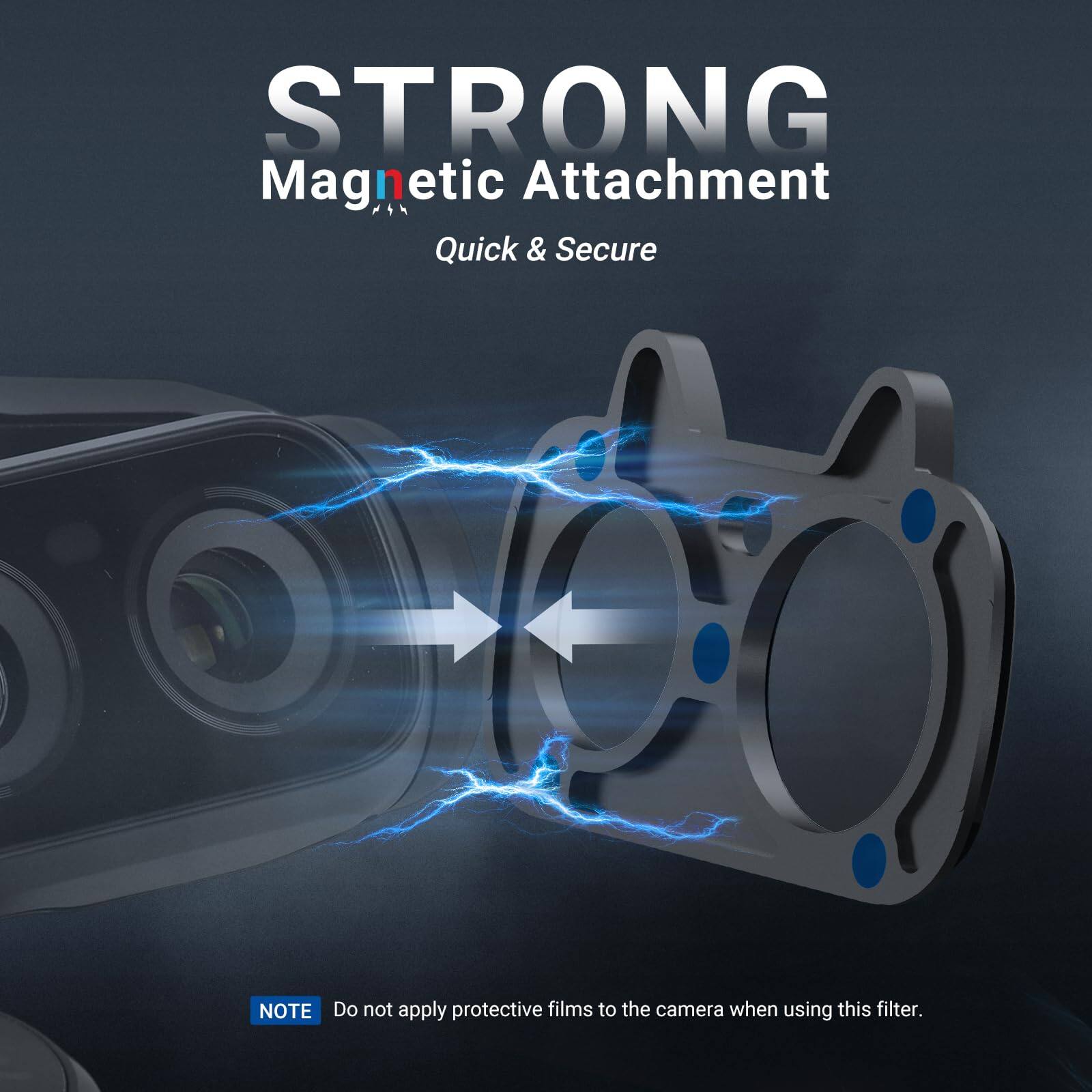 STRONG Magnetic Attachment Quick & Secure

NOTE: Do not apply protective films to the camera when using this filter.