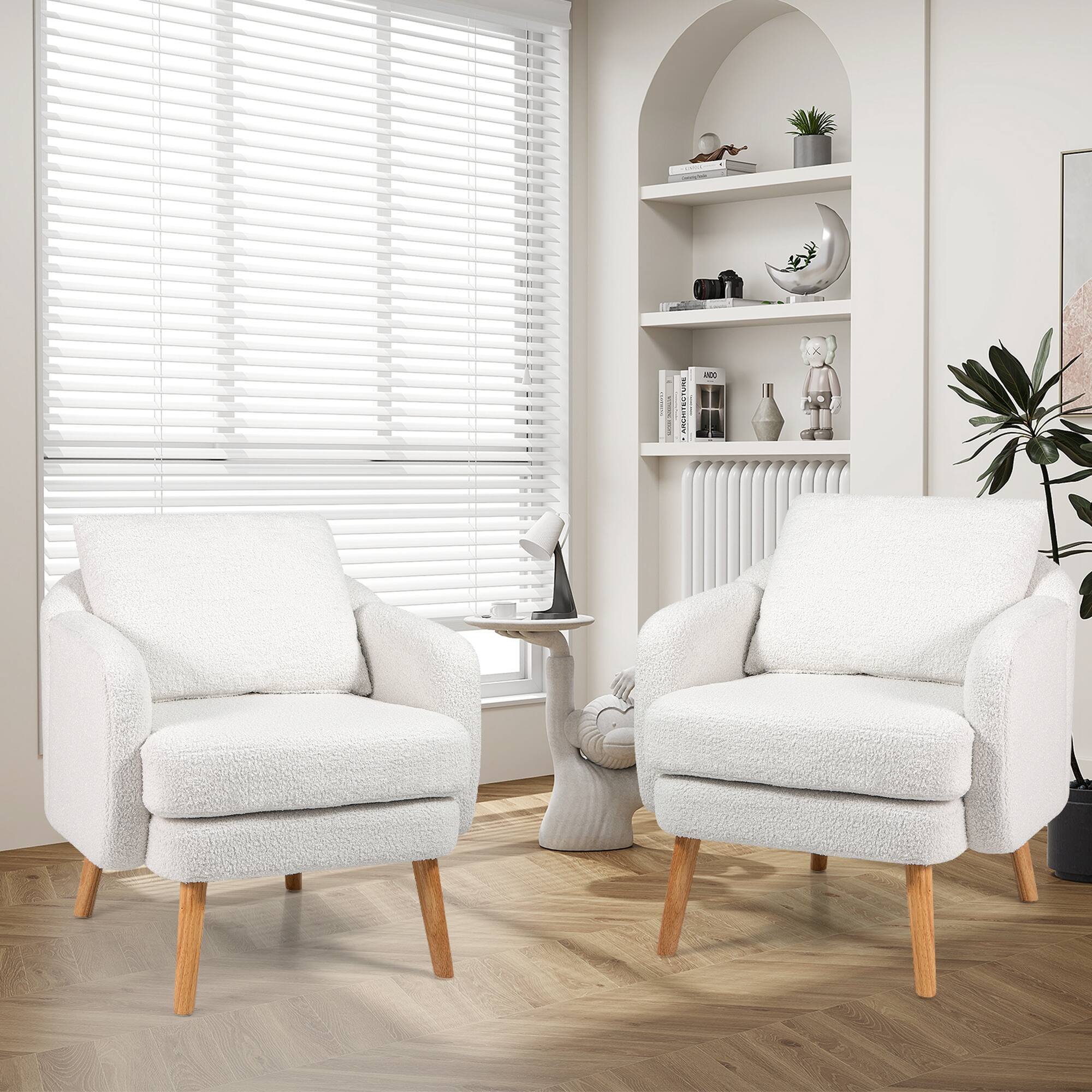 Alt View 4. Gymax - Gymax Sherpa Accent Chair w/ Seat Cushion & Pillow Rubber Wood Legs for Bedroom White - White.