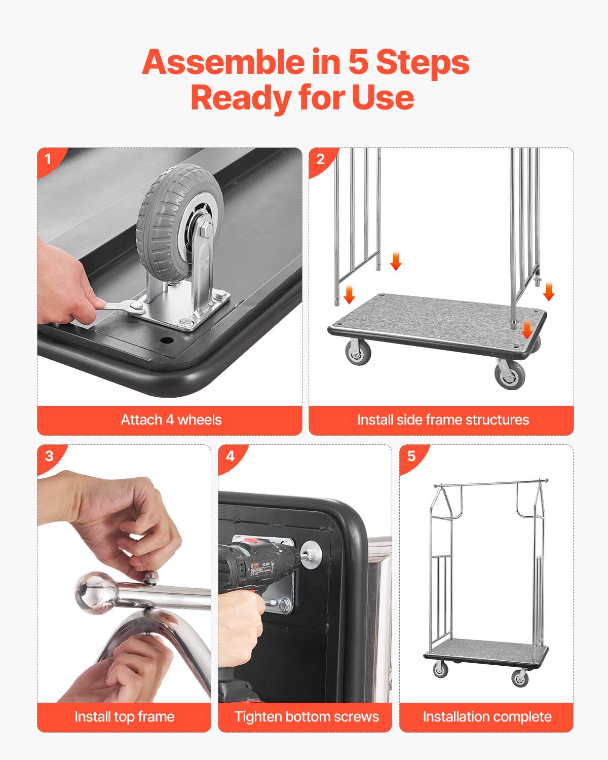 Assemble in 5 Steps Ready for Use

1. Attach 4 wheels
2. Install side frame structures
3. Install top frame
4. Tighten bottom screws
5. Installation complete