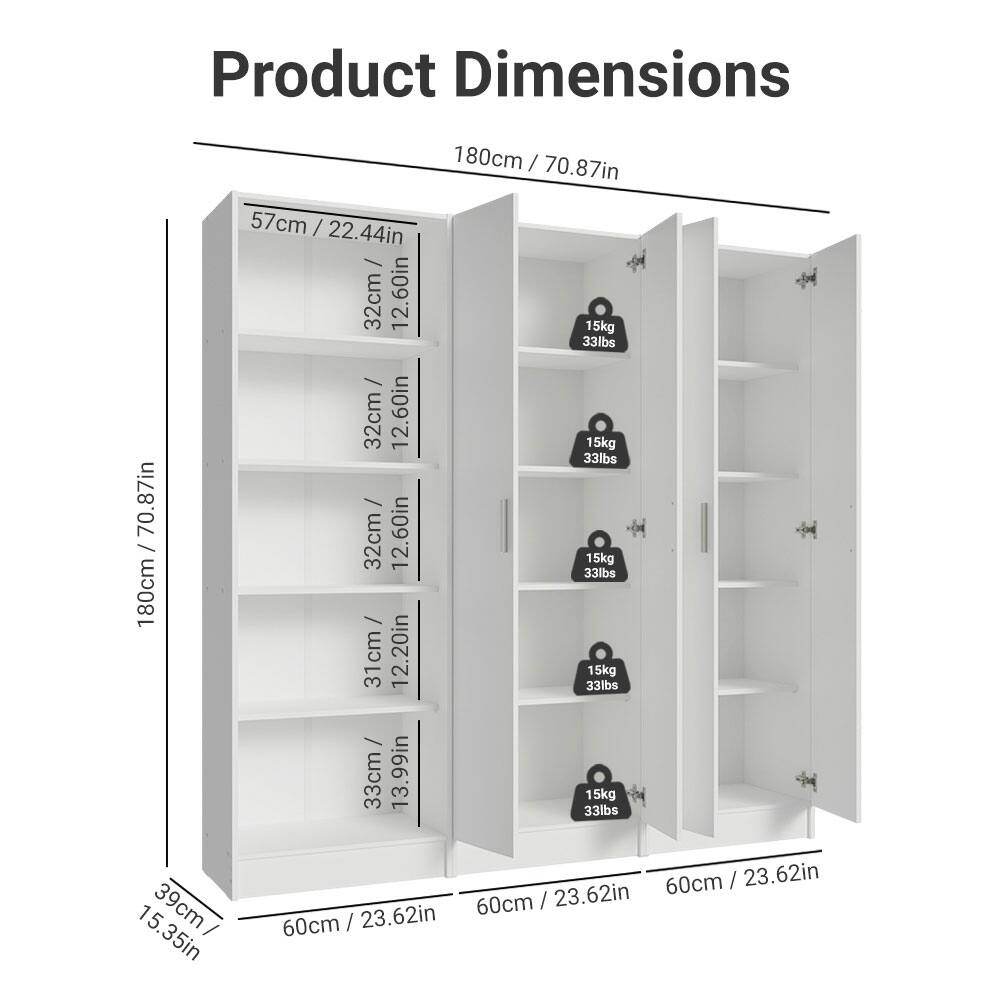 Product Dimensions

- Height: 180cm / 70.87in
- Width: 60cm / 23.62in
- Depth: 39cm / 15.35in

Shelf Dimensions:
- 57cm / 22.44in
- 32cm / 12.60in
- 32cm / 12.60in
- 32cm / 12.60in
- 31cm / 12.20in
- 33cm / 13.99in

Weight Capacity:
- 15kg / 33lbs

Shelf Spacing:
- 180cm / 70.87in
- 60cm / 23.62in
- 60cm / 23.62in
- 60cm / 23.62in
