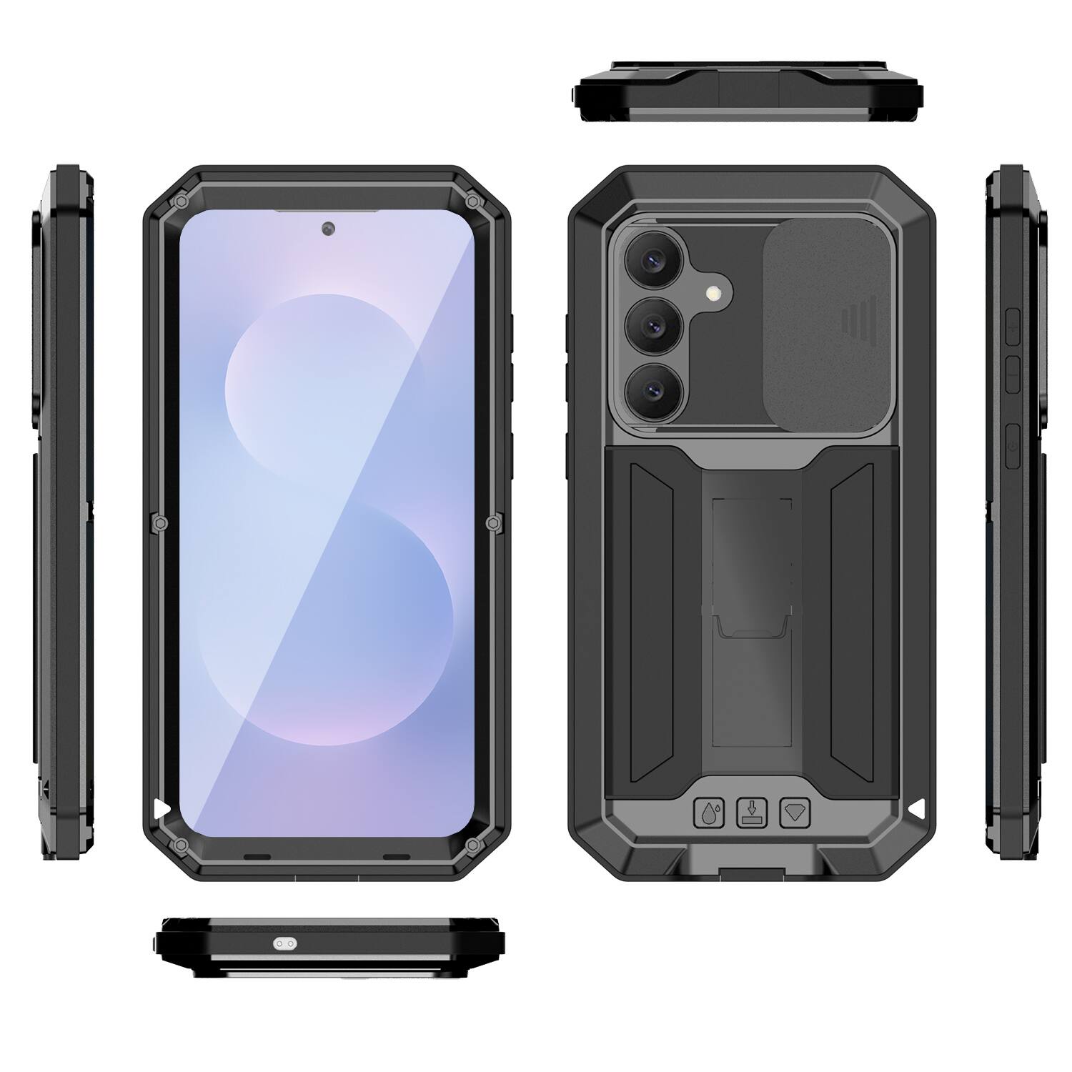 Angle. Dteck - For Samsung Galaxy S26 Kickstand Shockproof Rugged Full Body Case Built-in Screen Protector+Sliding Lens Cover - Black.