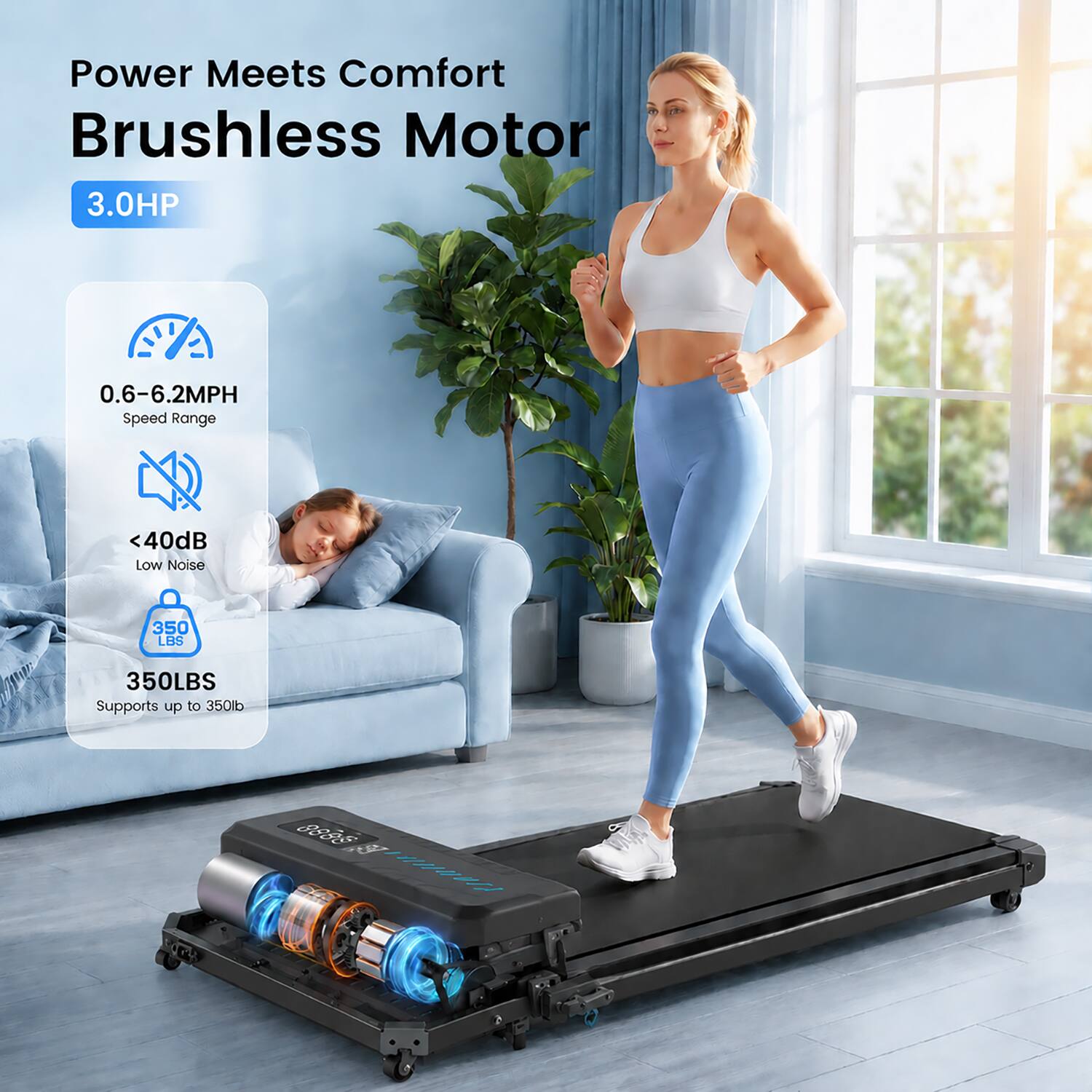 Power Meets Comfort Brushless Motor 3.0HP  
0.6-6.2MPH Speed Range  
<40dB Low Noise  
350 LBS  
350LBS Supports up to 350lb  
3885  
00