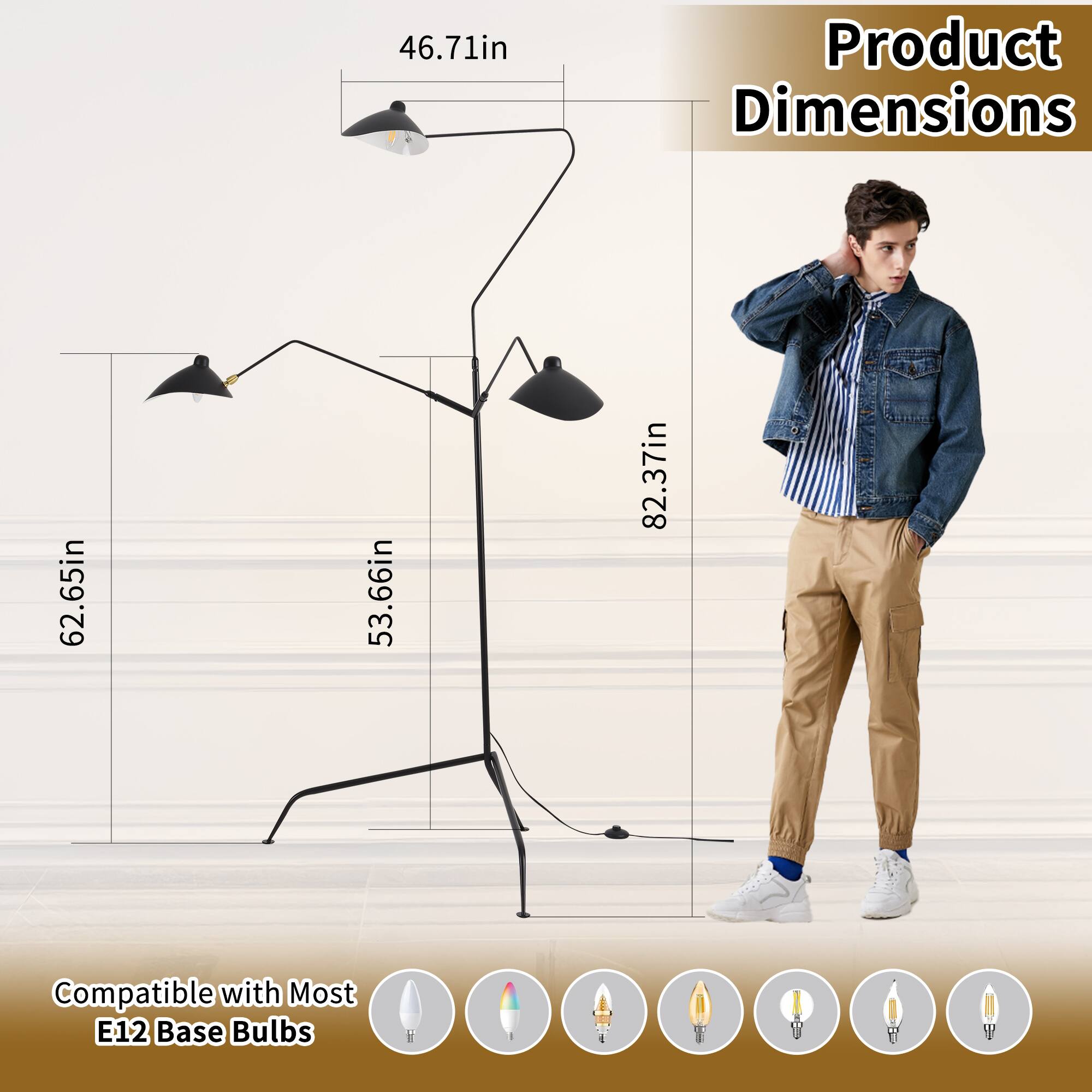 46.71in  
Product Dimensions  
62.65in x 53.66in x 82.37in  
Compatible with Most E12 Base Bulbs