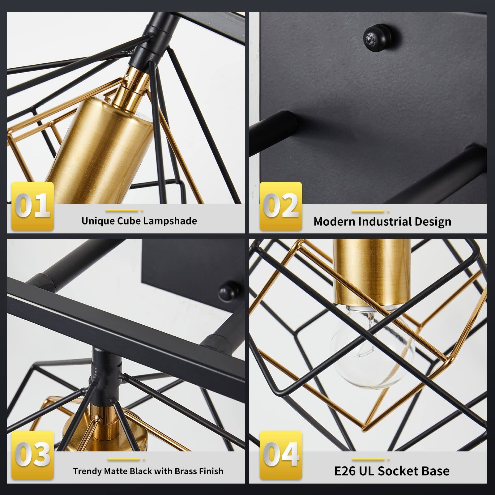 1. Unique Cube Lampshade  
2. Modern Industrial Design  
3. Trendy Matte Black with Brass Finish  
4. E26 UL Socket Base