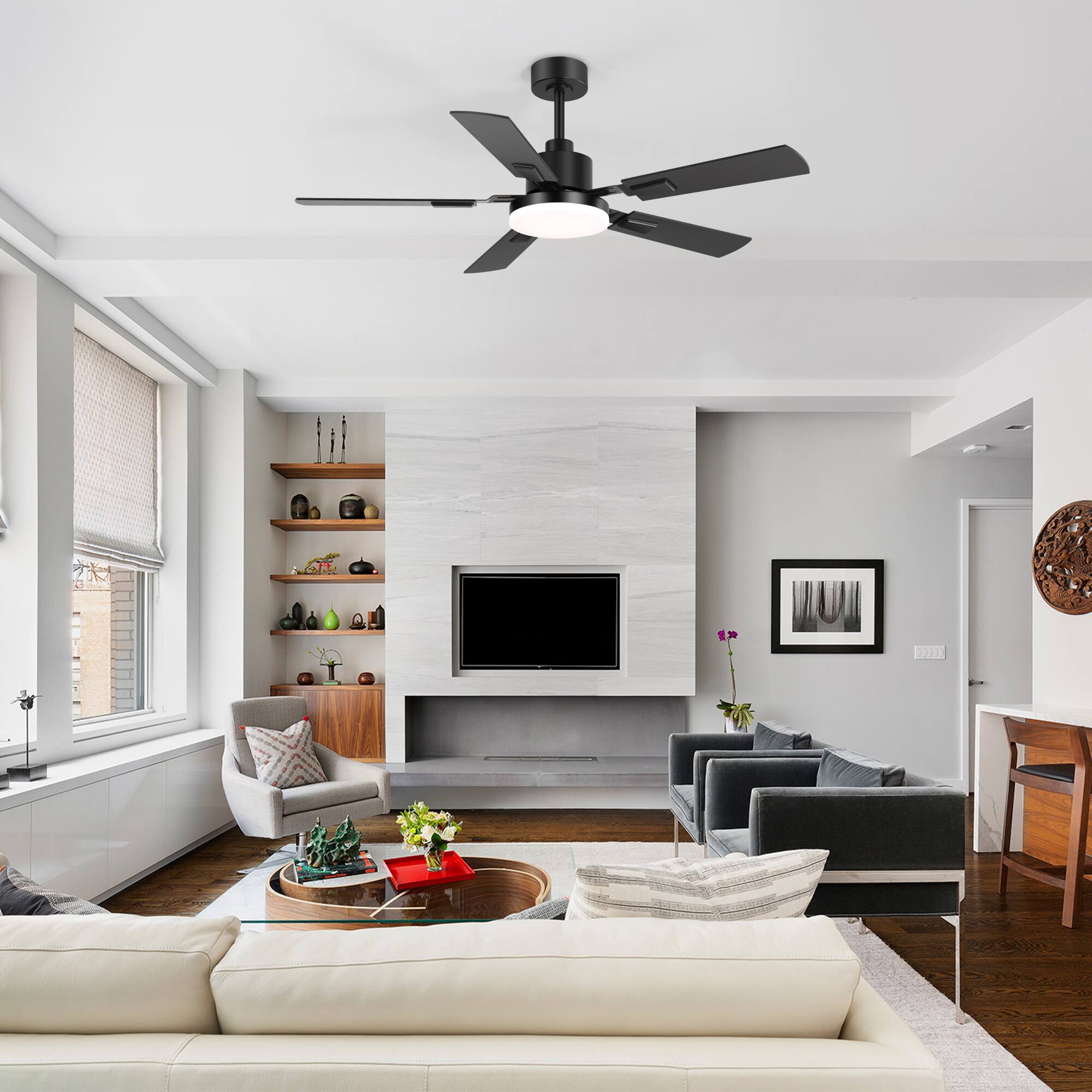 Angle. Breezary - 52-in Indoor Ceiling Fan with Light, DC Motor, 6-Speed Remote, 3-Color LED, Reversible Blades, 5"/10" Downrods - Black and Wood Finish.