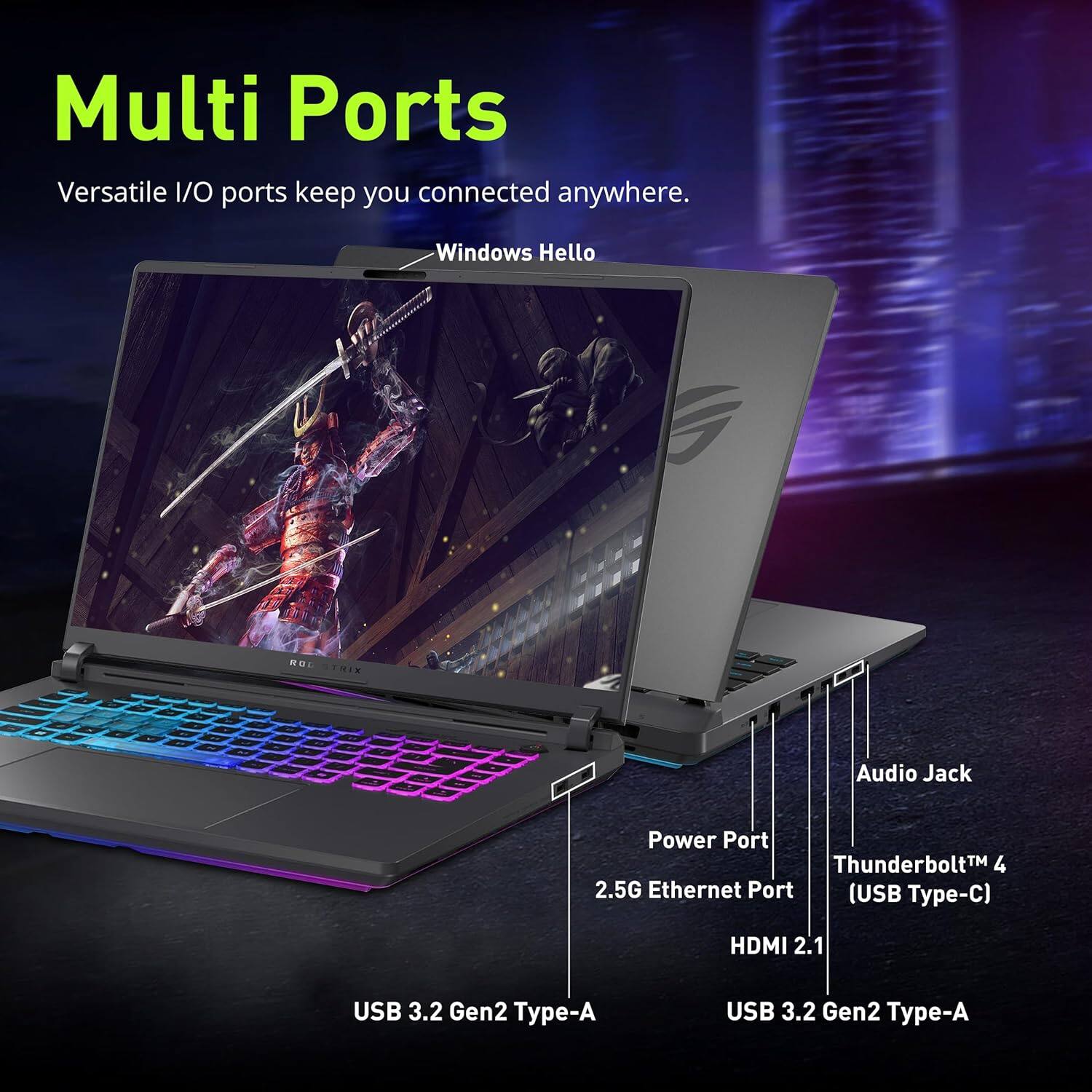 Multi Ports  
Versatile I/O ports keep you connected anywhere.  

Windows Hello  

- Audio Jack  
- Power Port  
- Thunderbolt™ 4 (USB Type-C)  
- 2.5G Ethernet Port  
- HDMI 2.1  
- USB 3.2 Gen2 Type-A  
- USB 3.2 Gen2 Type-A