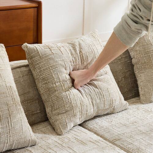 Back. Anysun - Chenille L-Shape Compressed Sofa - High-Elastic Sponge, Curved Armrests & 4 Throw Pillows for Living Room - Khaki.