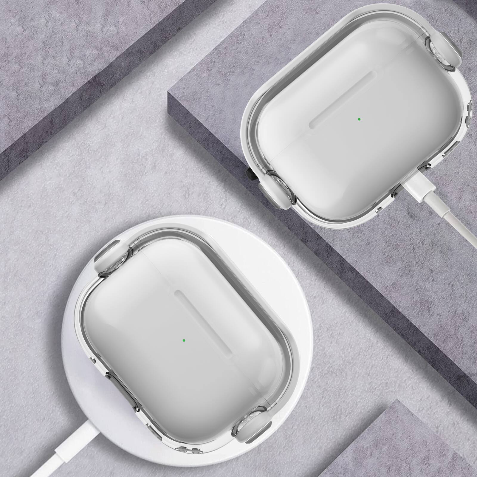 Angle. Dteck - For Apple Airpods 4th/5th Gen Slim Fit Clear Kickstand Shockproof Drop Protection Case With Anti-Loss Ring - White.